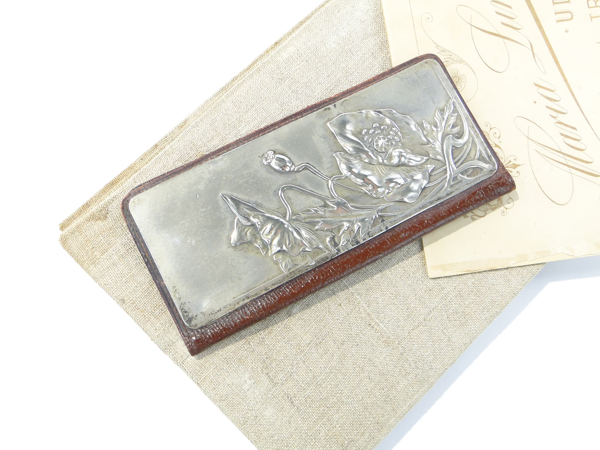 Business card case Stile Liberty, brown leather, silver, silk, Italy, early 20th c. - 347794