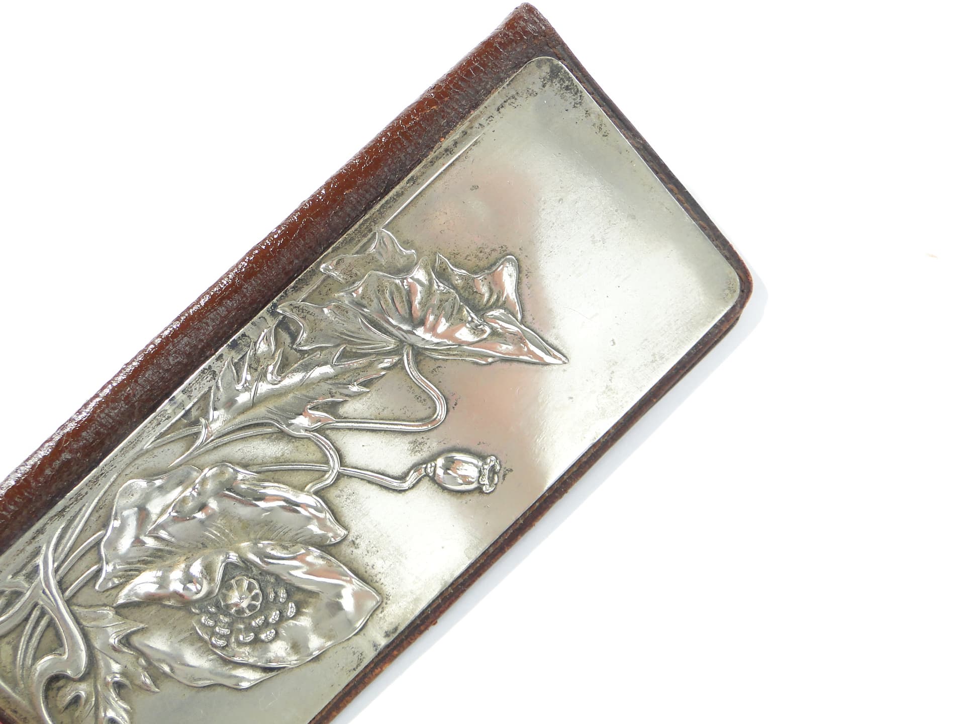 Business card case Stile Liberty, brown leather, silver, silk, Italy, early 20th c. - 347798