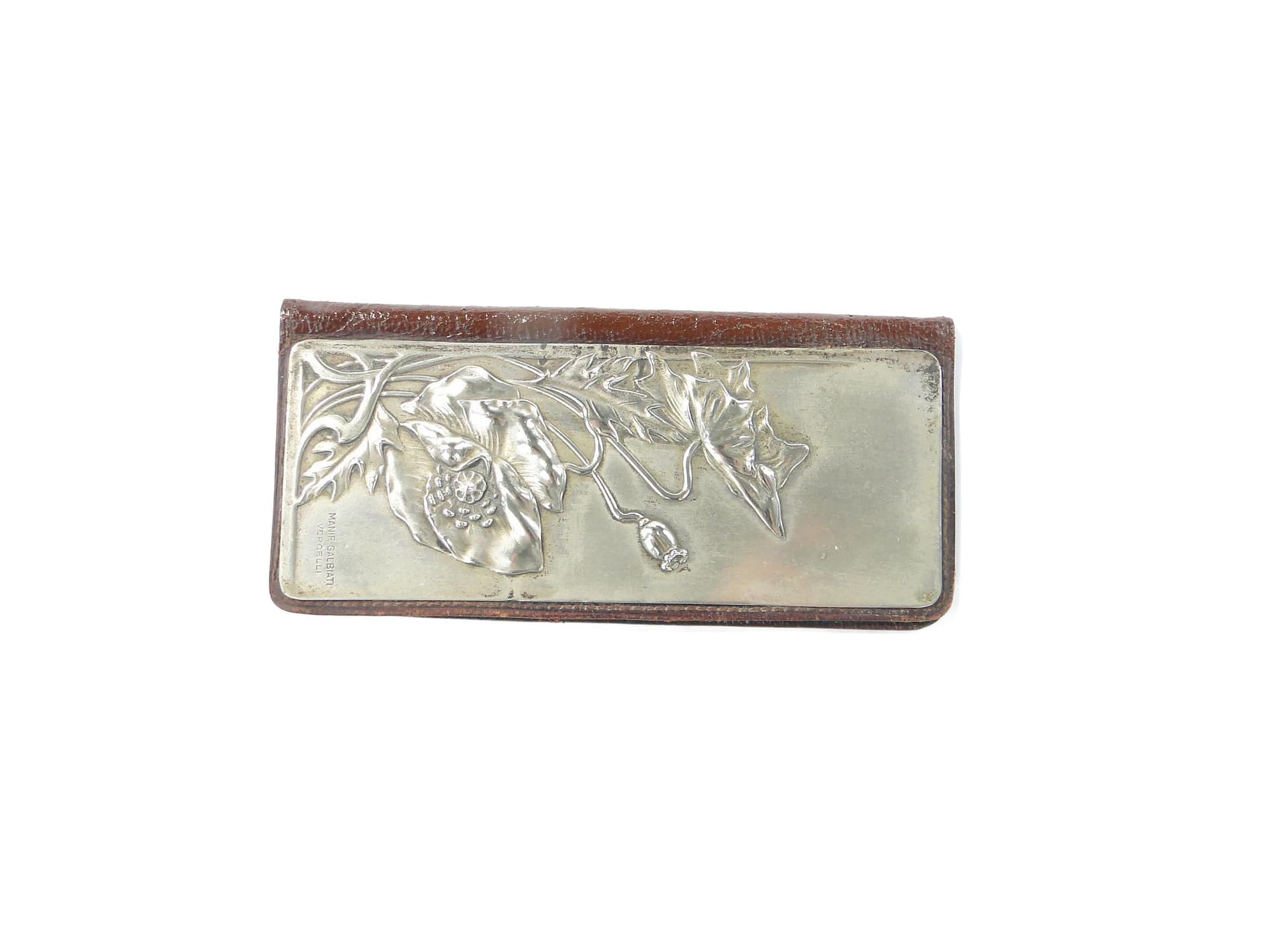 Business card case Stile Liberty, brown leather, silver, silk, Italy, early 20th c.