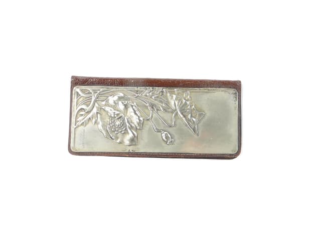 Business card case Stile Liberty, brown leather, silver, silk, Italy, early 20th c. - DIMENSION