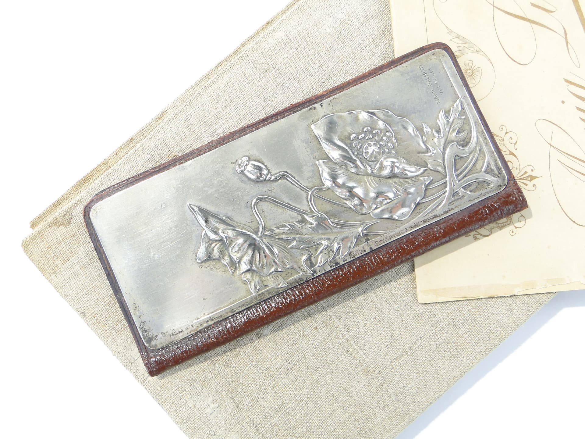 Business card case Stile Liberty, brown leather, silver, silk, Italy, early 20th c. - 347795