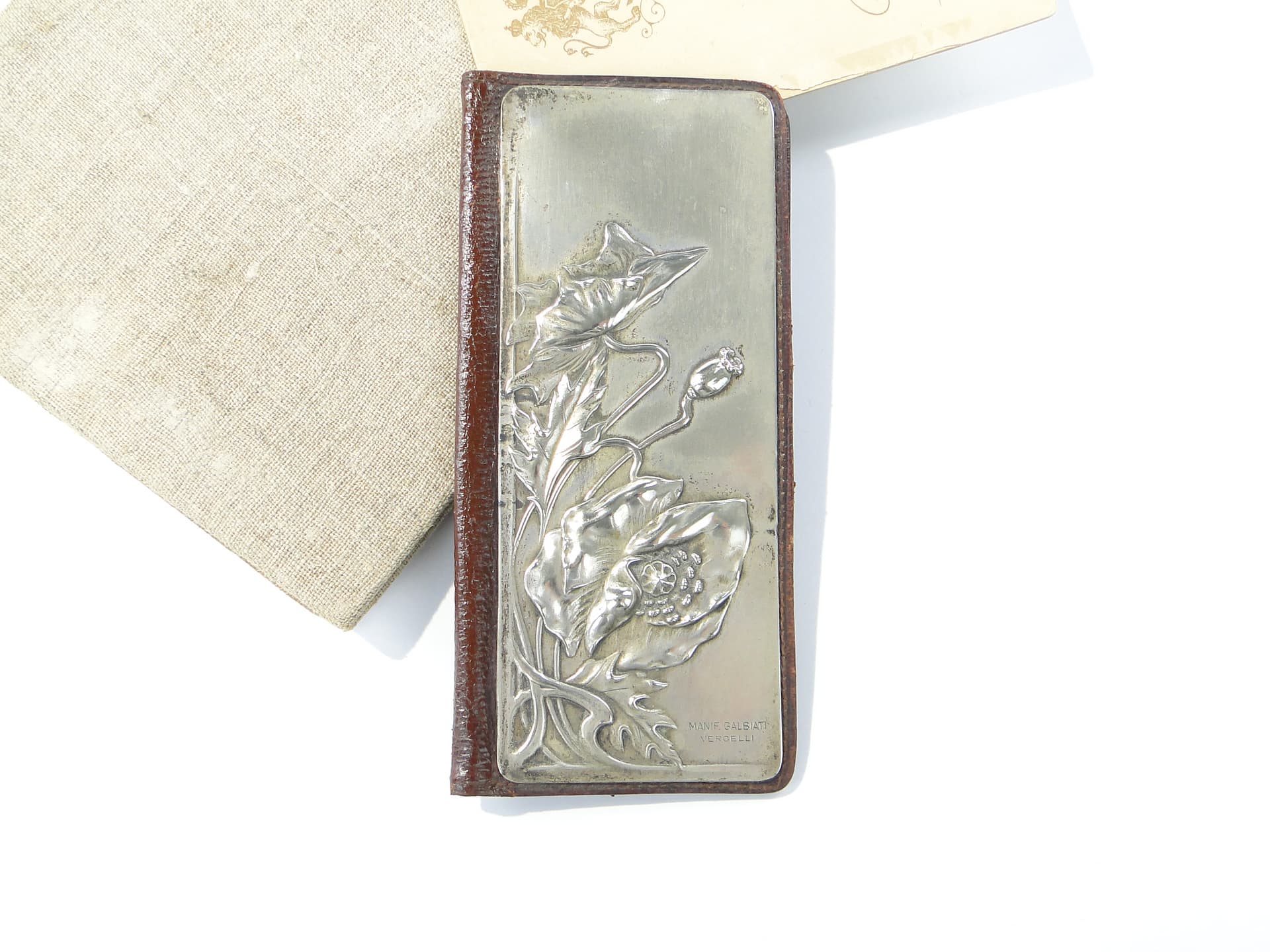 Business card case Stile Liberty, brown leather, silver, silk, Italy, early 20th c. - 347796