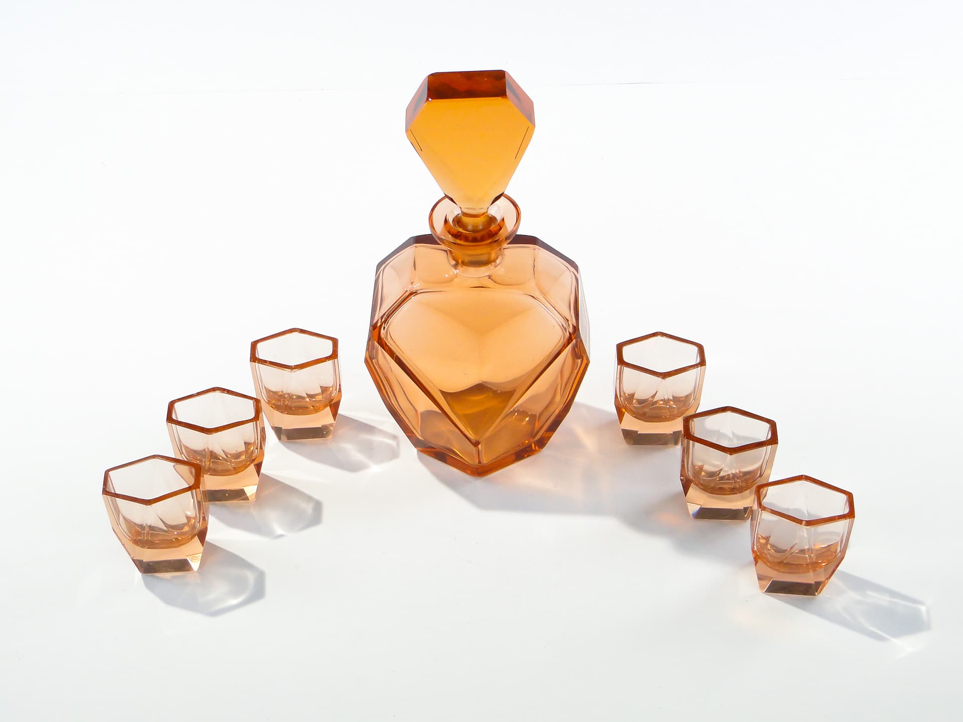 Liqueur set Art Deco, rosaline-orange crystal glass, Moser, Czechoslovakia, 1920s - 347822
