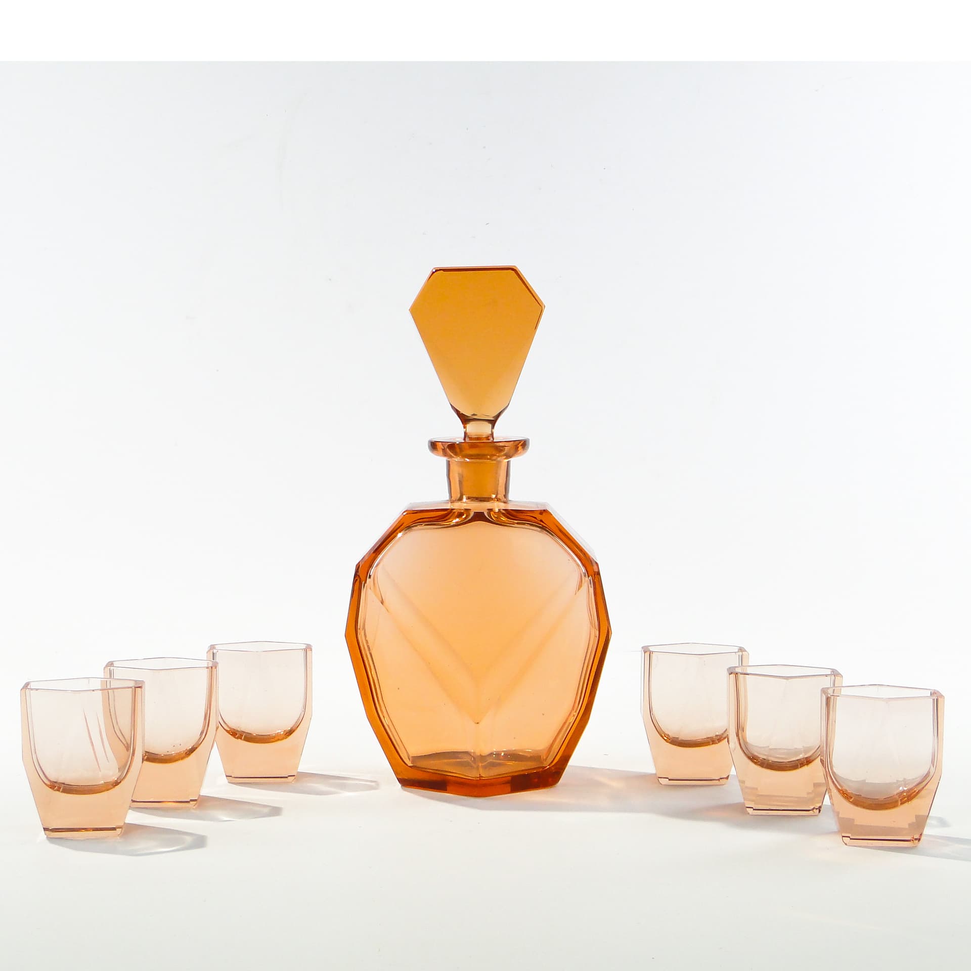 Liqueur set Art Deco, rosaline-orange crystal glass, Moser, Czechoslovakia, 1920s - 347821