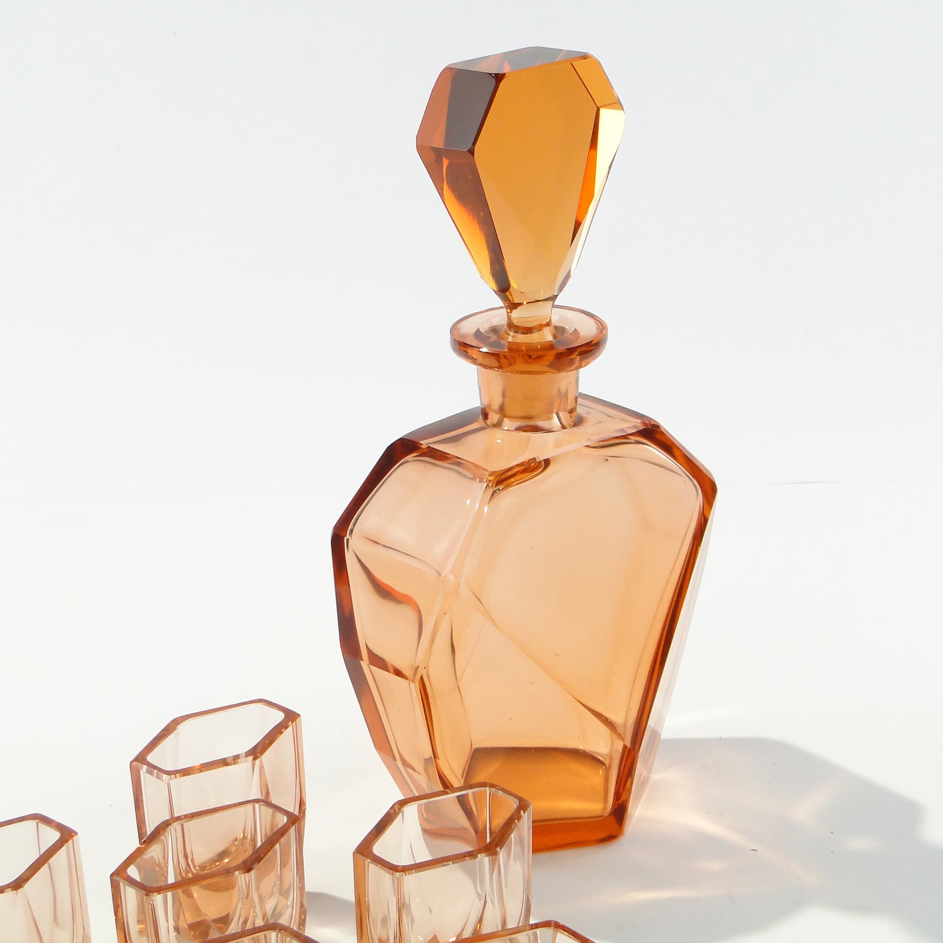 Liqueur set Art Deco, rosaline-orange crystal glass, Moser, Czechoslovakia, 1920s - 347823