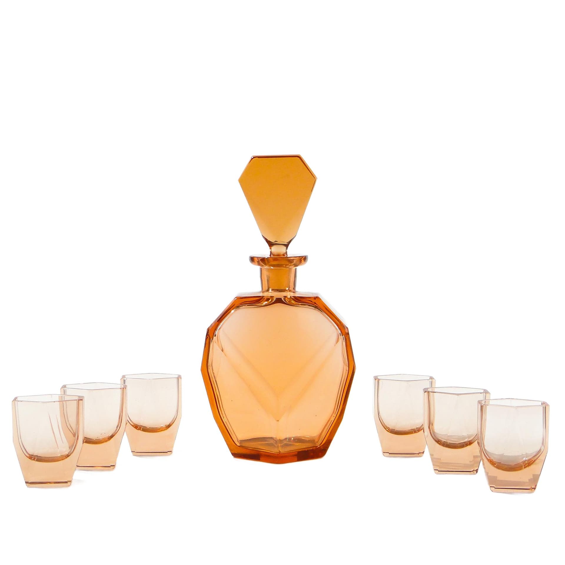 Liqueur set Art Deco, rosaline-orange crystal glass, Moser, Czechoslovakia, 1920s