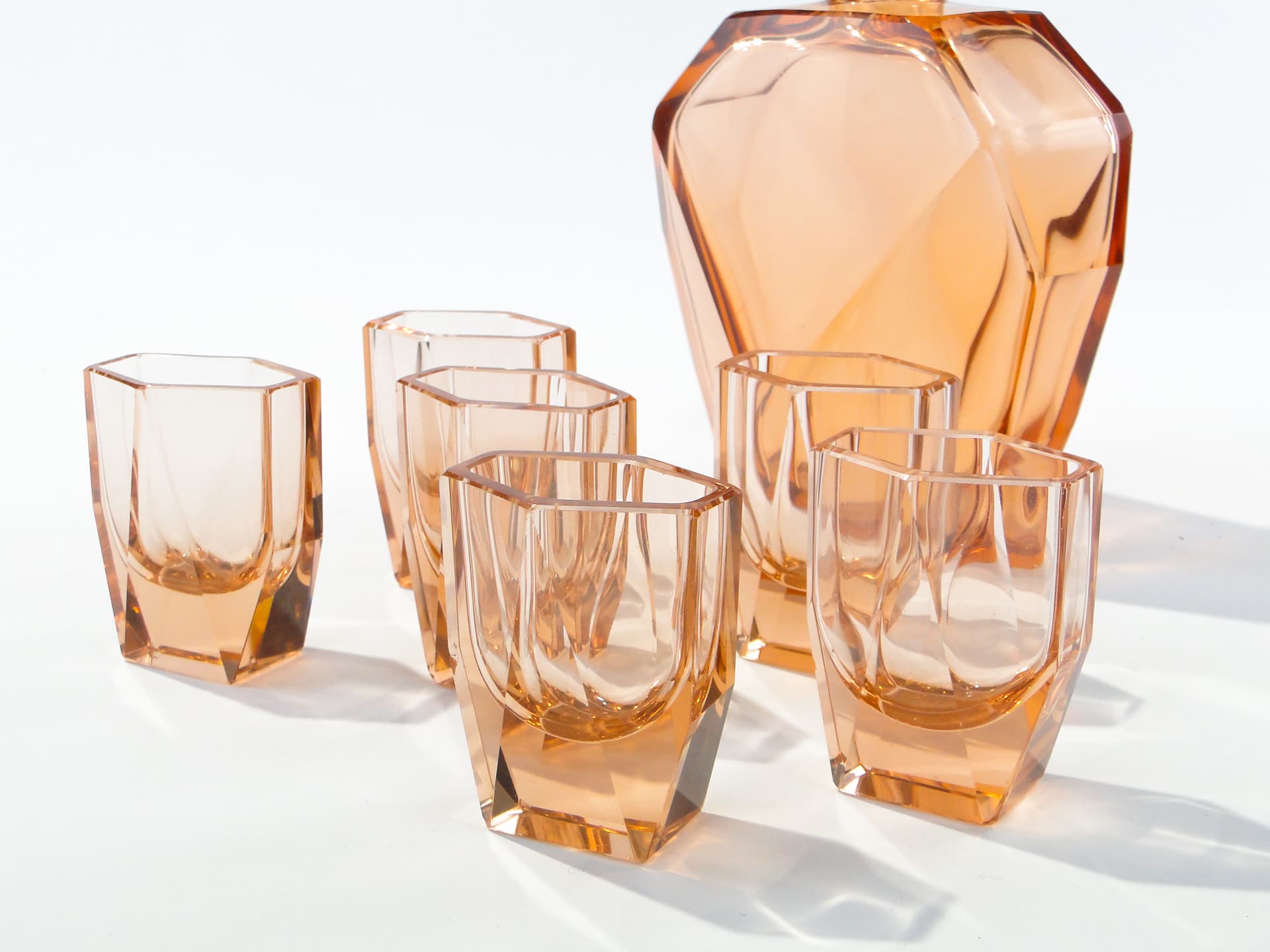 Liqueur set Art Deco, rosaline-orange crystal glass, Moser, Czechoslovakia, 1920s - 347820