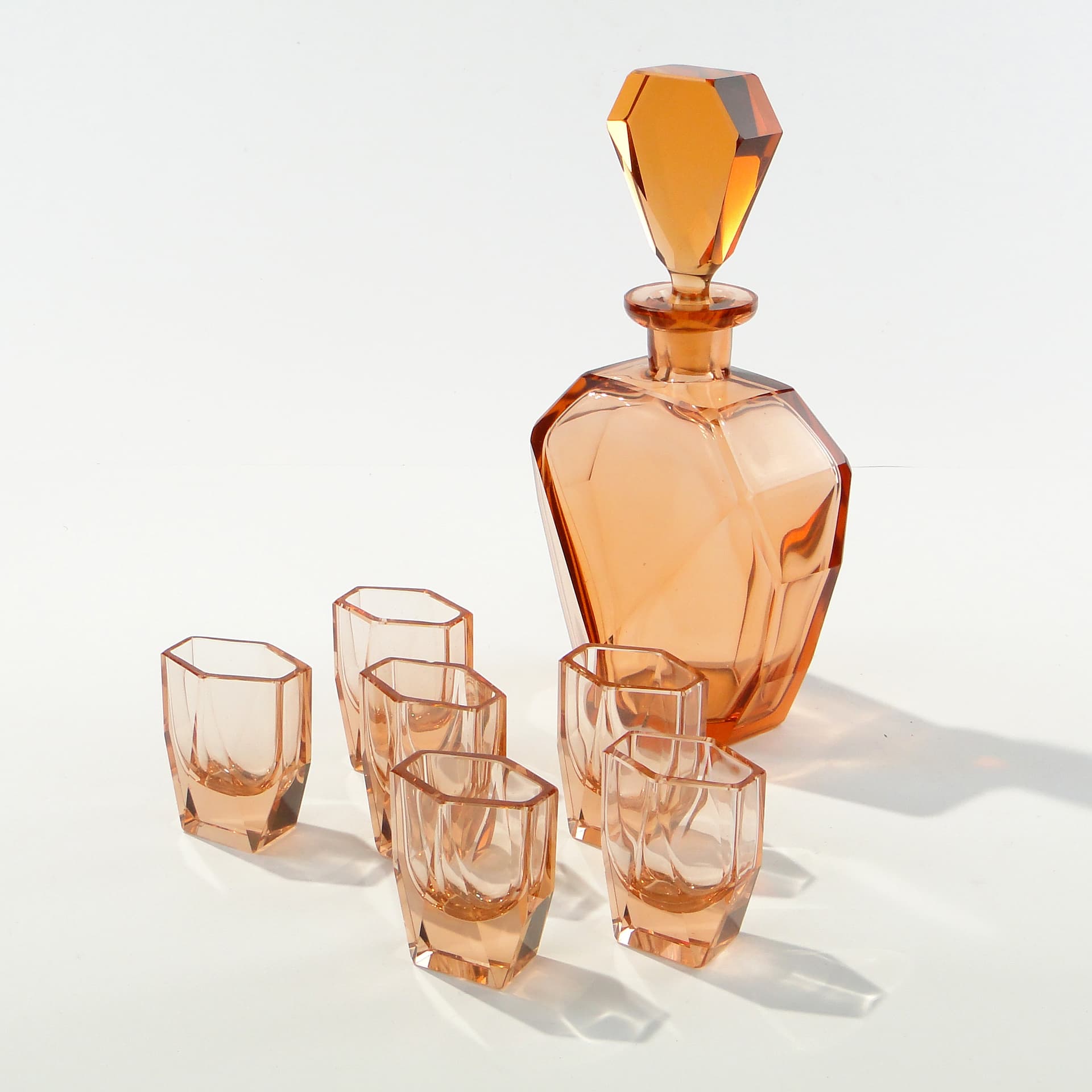 Liqueur set Art Deco, rosaline-orange crystal glass, Moser, Czechoslovakia, 1920s - 347824
