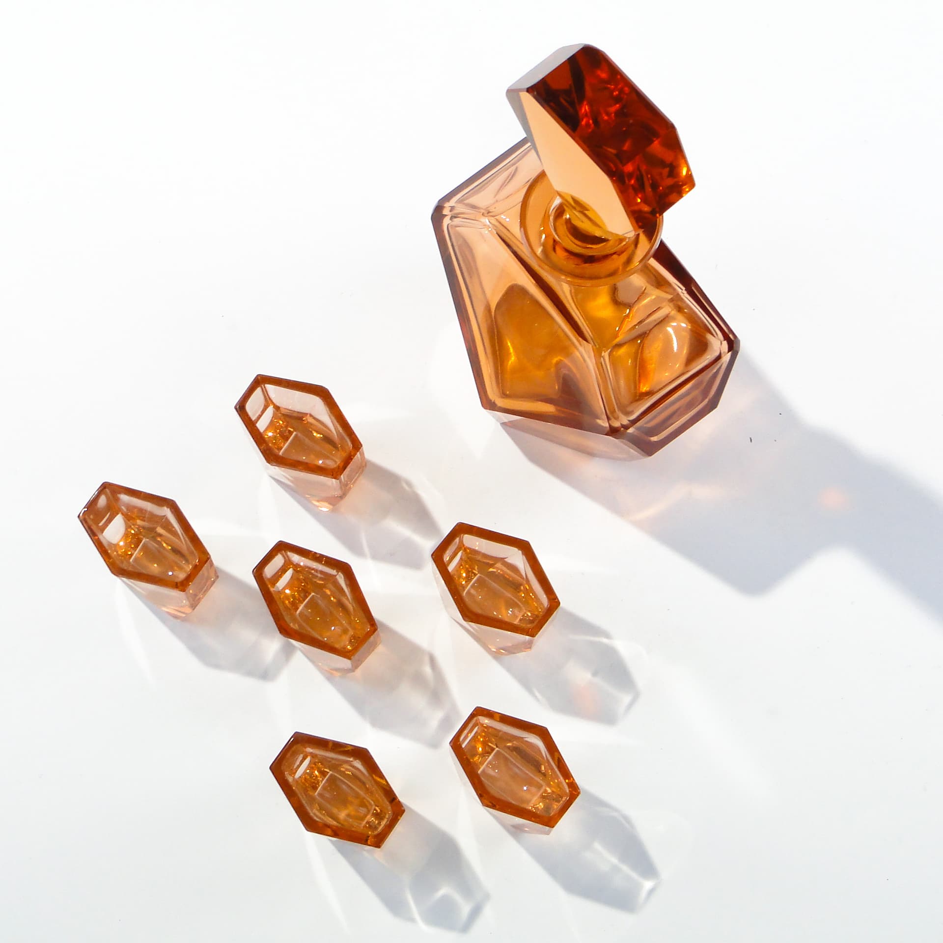Liqueur set Art Deco, rosaline-orange crystal glass, Moser, Czechoslovakia, 1920s - 347814