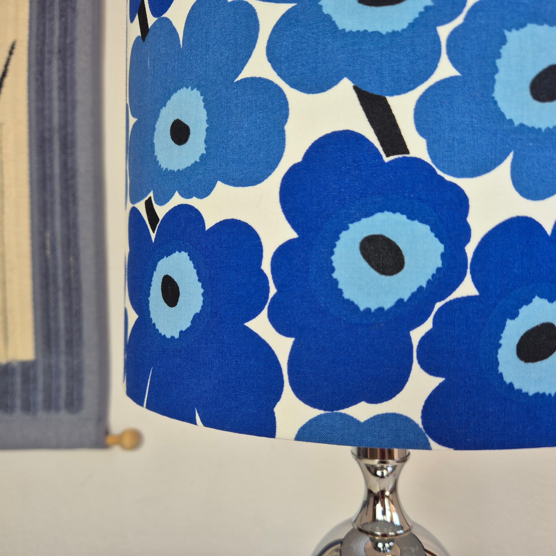Table lamp Solken, silver chrome, blue fabric, Germany, 1960s. - 347844
