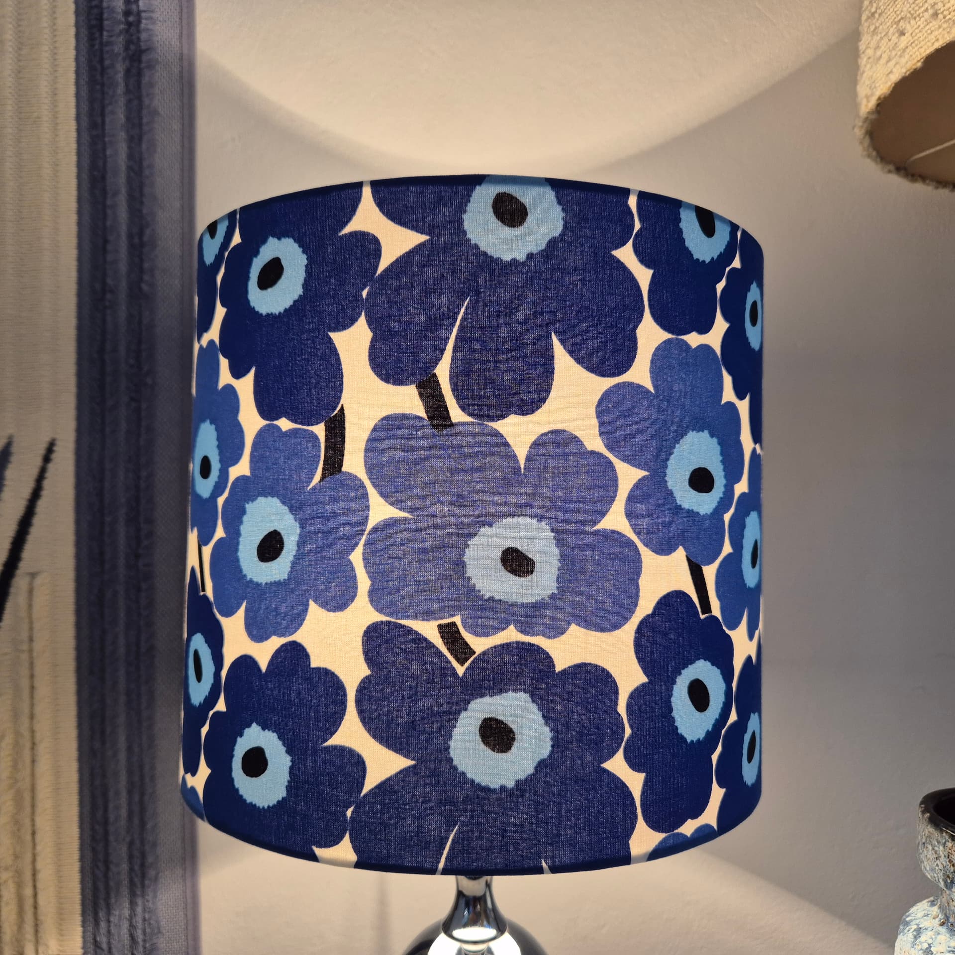 Table lamp Solken, silver chrome, blue fabric, Germany, 1960s. - 347846