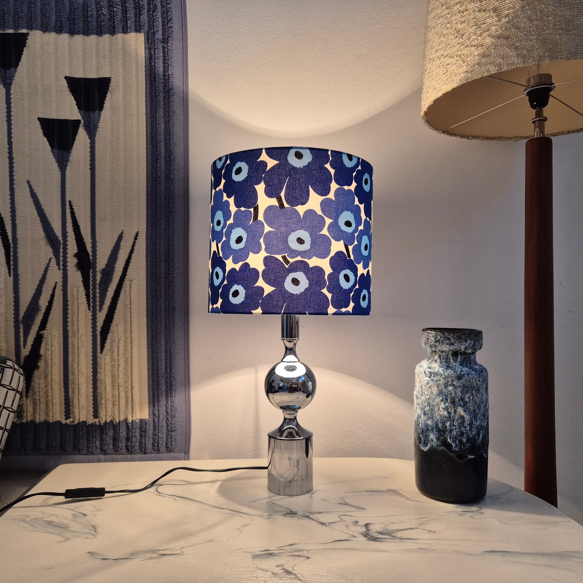 Table lamp Solken, silver chrome, blue fabric, Germany, 1960s. - 347845