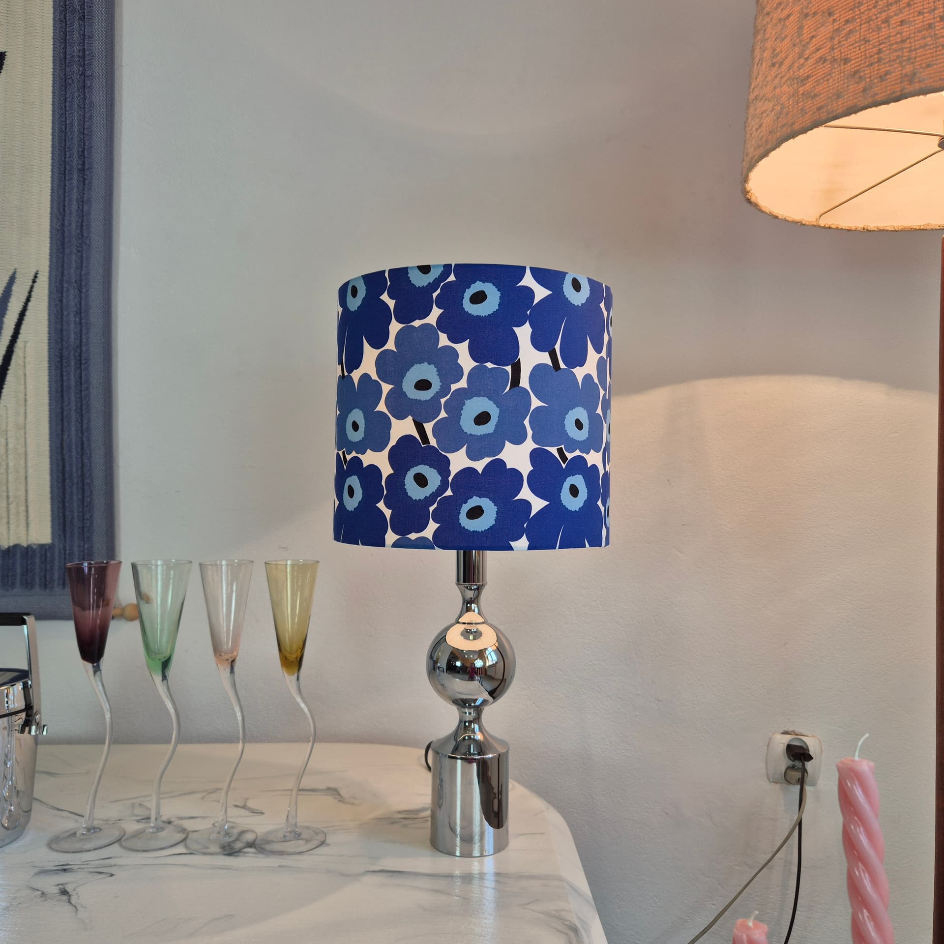 Table lamp Solken, silver chrome, blue fabric, Germany, 1960s. - 347841