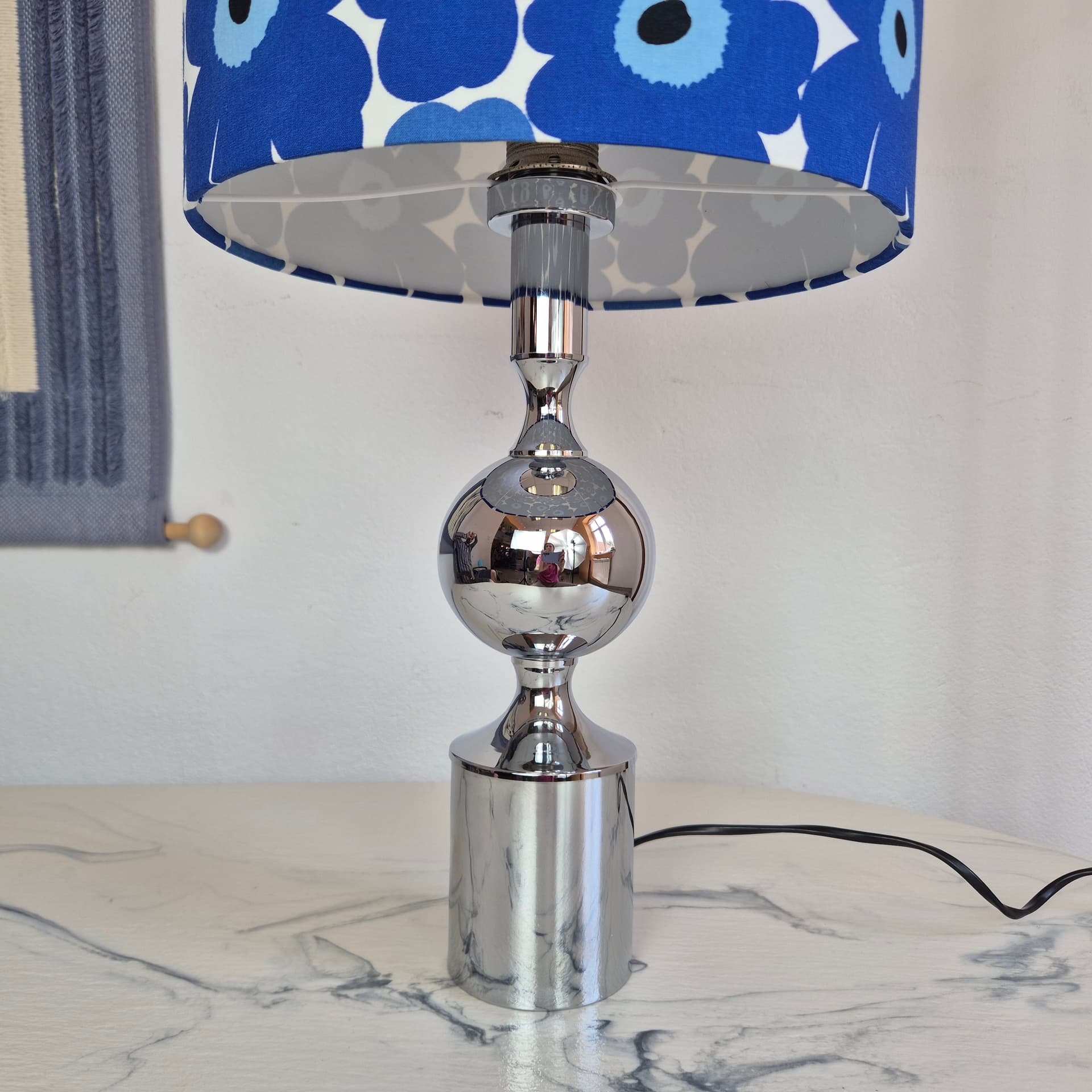 Table lamp Solken, silver chrome, blue fabric, Germany, 1960s. - 347840