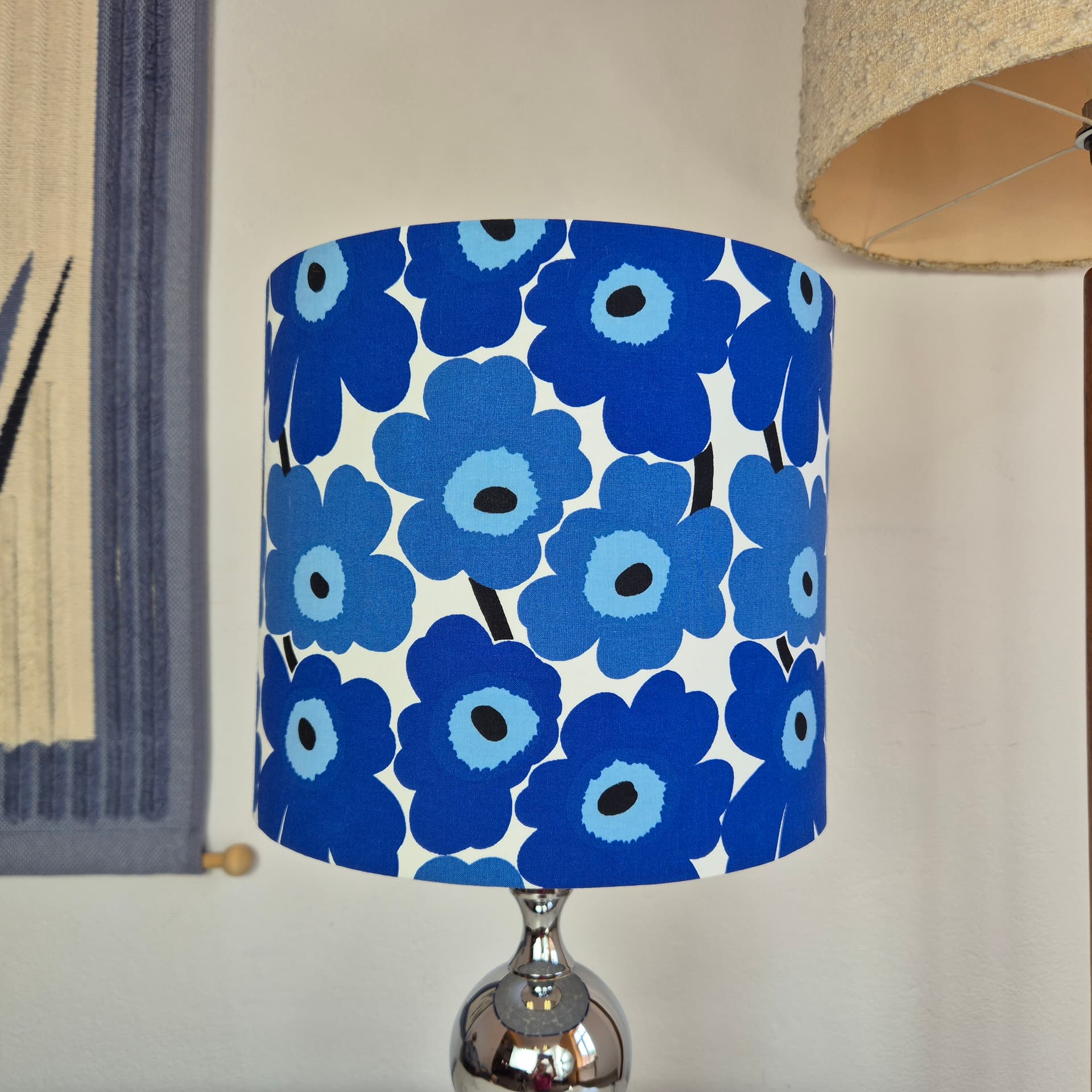 Table lamp Solken, silver chrome, blue fabric, Germany, 1960s. - 347843