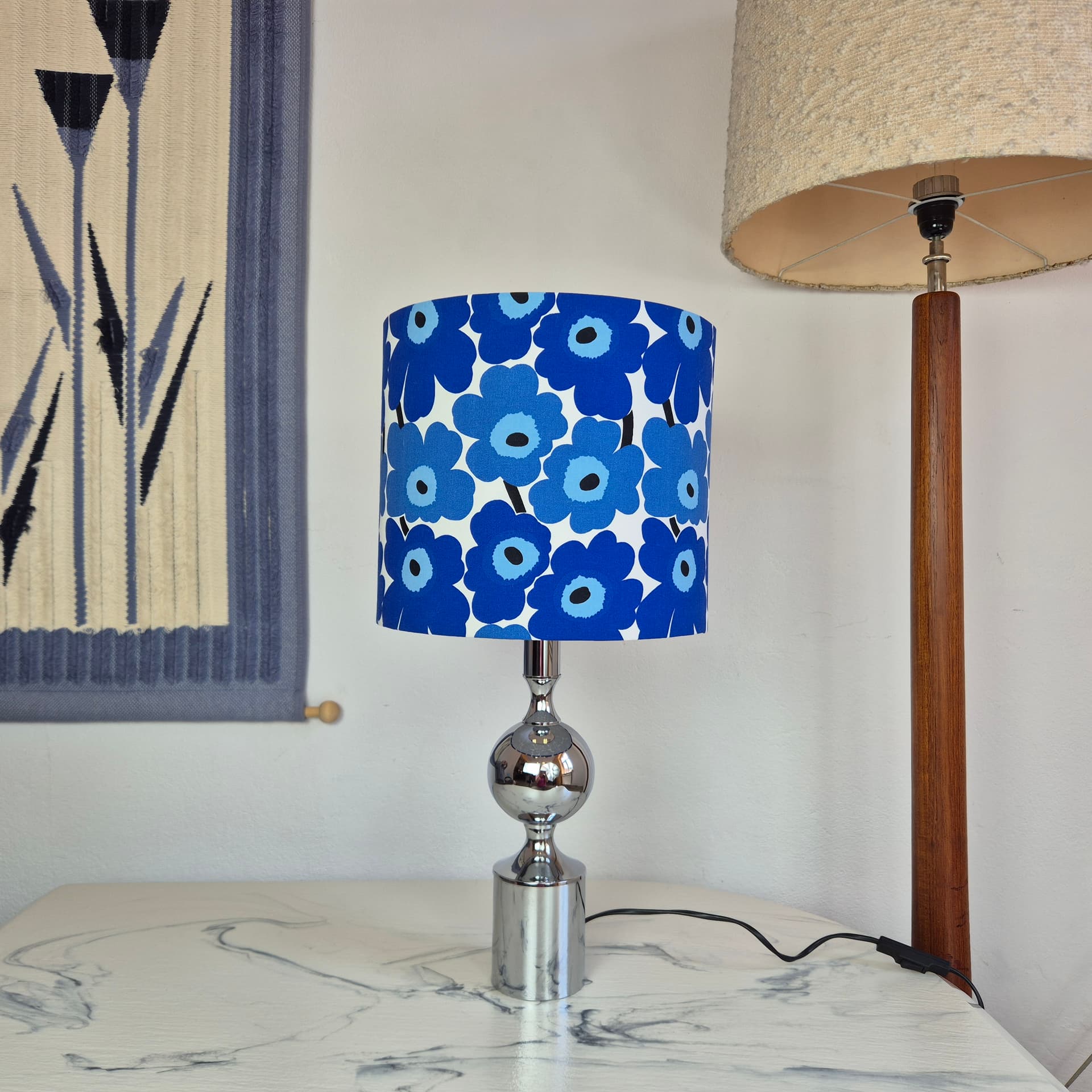 Table lamp Solken, silver chrome, blue fabric, Germany, 1960s. - 347842