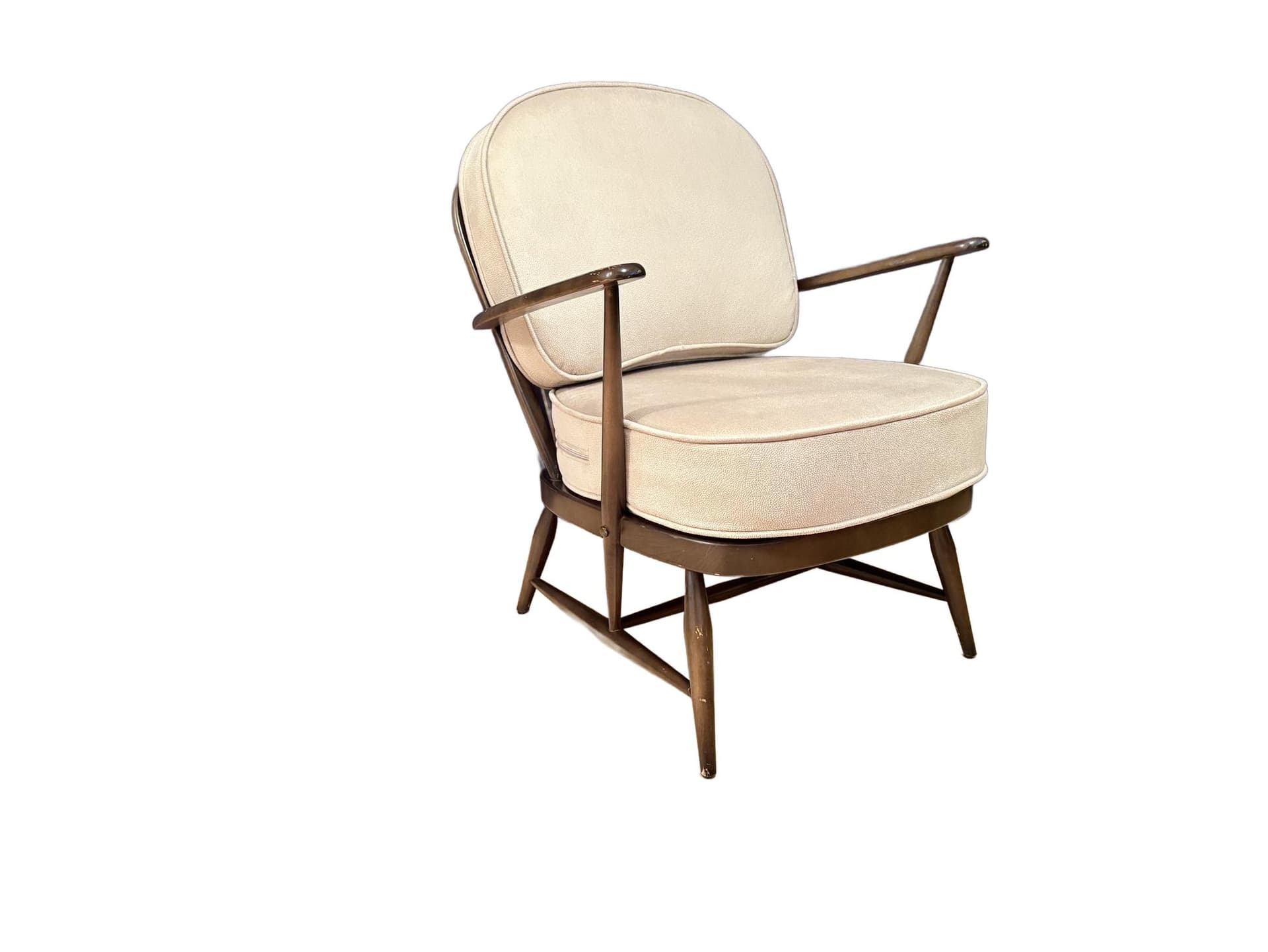Armchair Windsor, brown wood, beige upholstery, by L. Ercolani, United Kingdom, 1960s.
