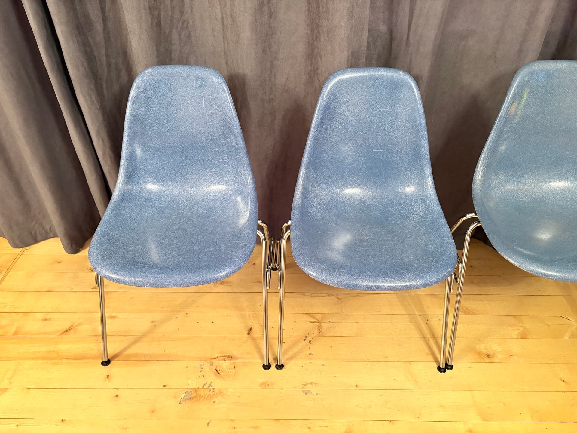 Set of four DSS chairs, blue fiberglass, silver chrome, by C. & R. Eames, Herman Miller, USA, 1970s. - 347899