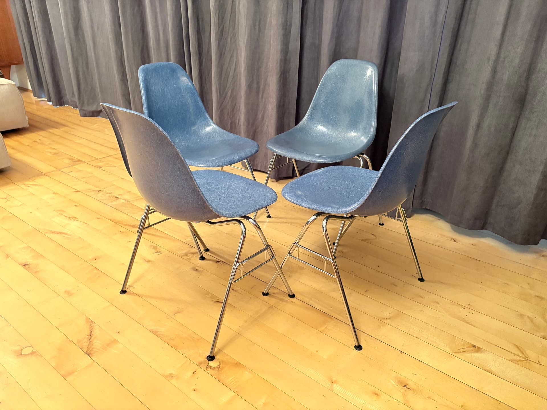 Set of four DSS chairs, blue fiberglass, silver chrome, by C. & R. Eames, Herman Miller, USA, 1970s. - 347901