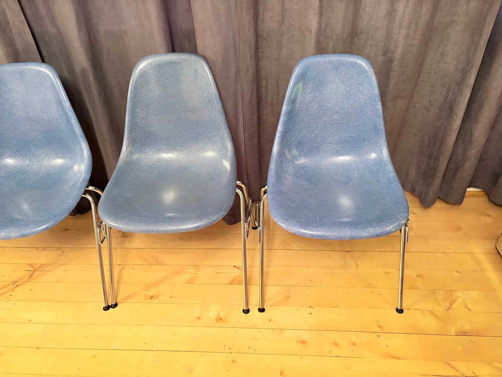 Set of four DSS chairs, blue fiberglass, silver chrome, by C. & R. Eames, Herman Miller, USA, 1970s. - 347898