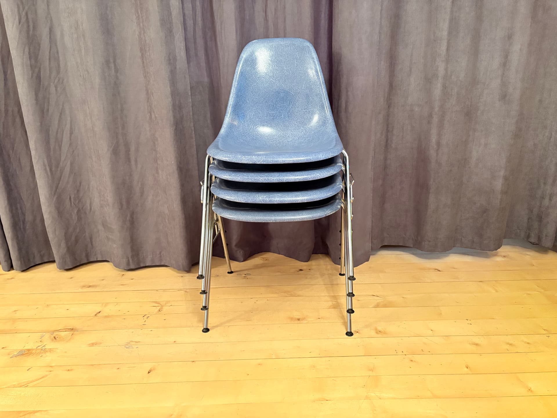 Set of four DSS chairs, blue fiberglass, silver chrome, by C. & R. Eames, Herman Miller, USA, 1970s. - 347906