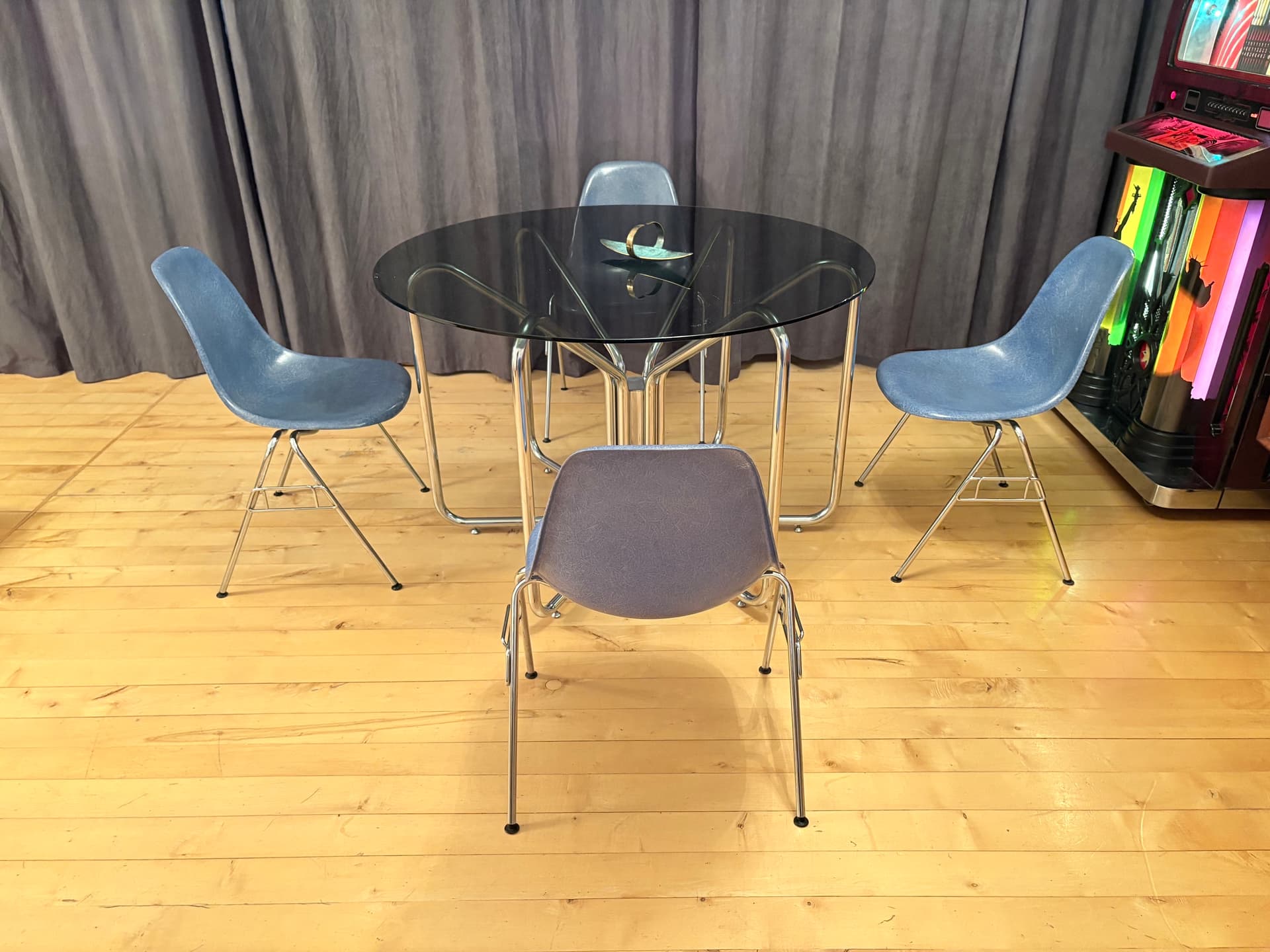Set of four DSS chairs, blue fiberglass, silver chrome, by C. & R. Eames, Herman Miller, USA, 1970s. - 347904