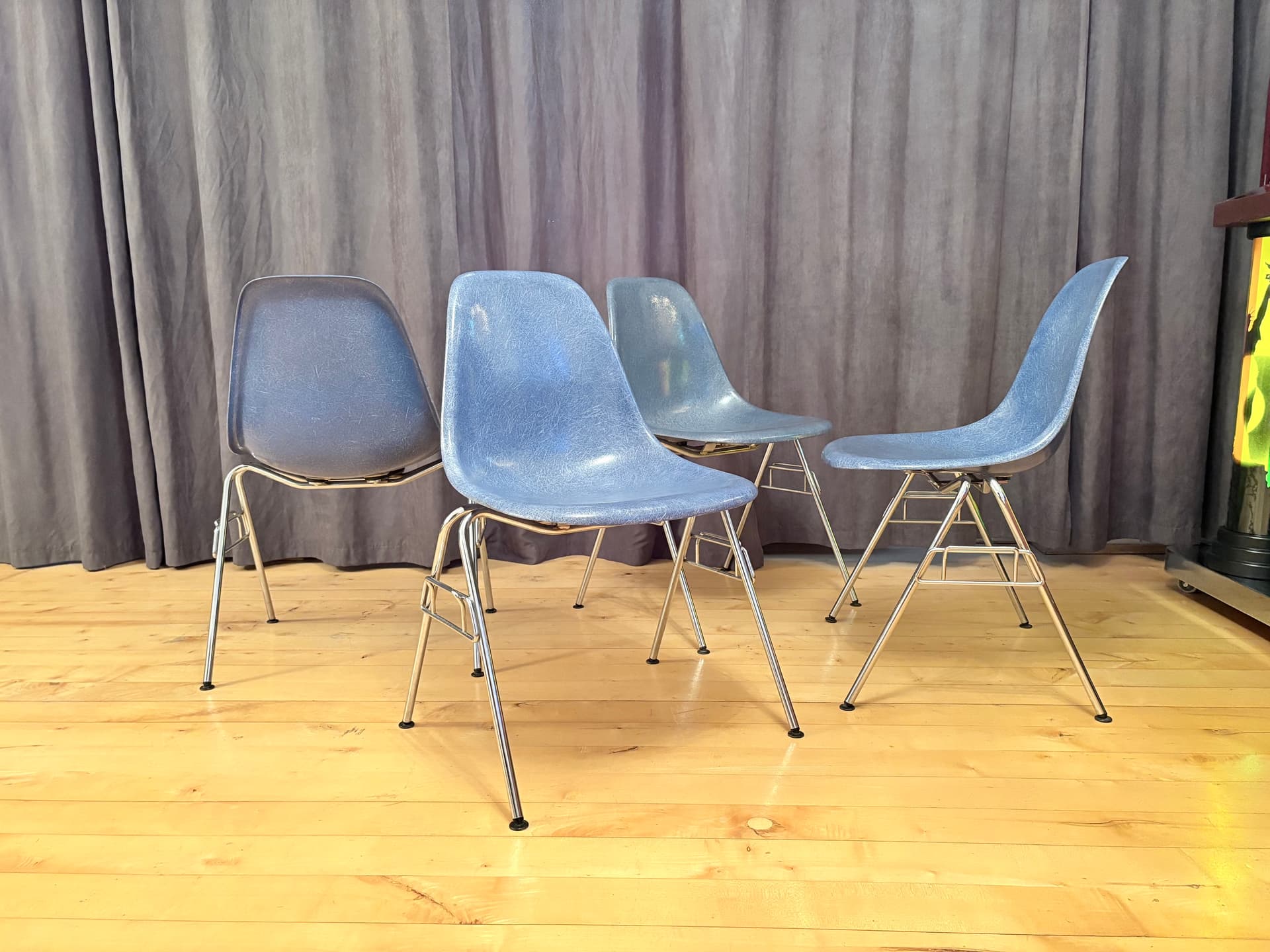 Set of four DSS chairs, blue fiberglass, silver chrome, by C. & R. Eames, Herman Miller, USA, 1970s. - 347903