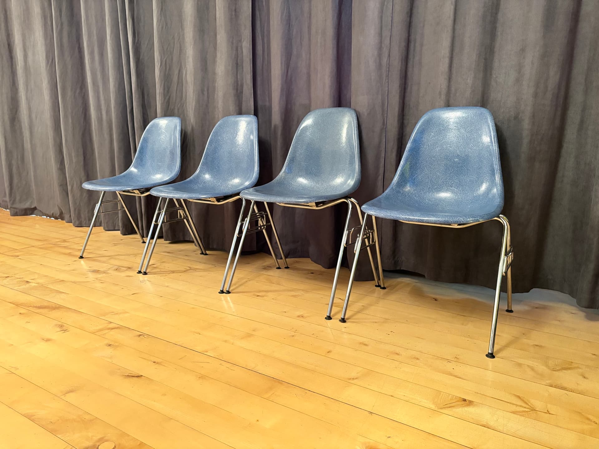 Set of four DSS chairs, blue fiberglass, silver chrome, by C. & R. Eames, Herman Miller, USA, 1970s. - 347897