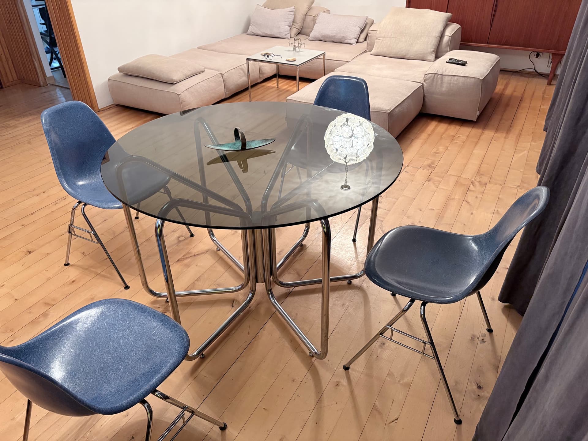 Set of four DSS chairs, blue fiberglass, silver chrome, by C. & R. Eames, Herman Miller, USA, 1970s. - 347905