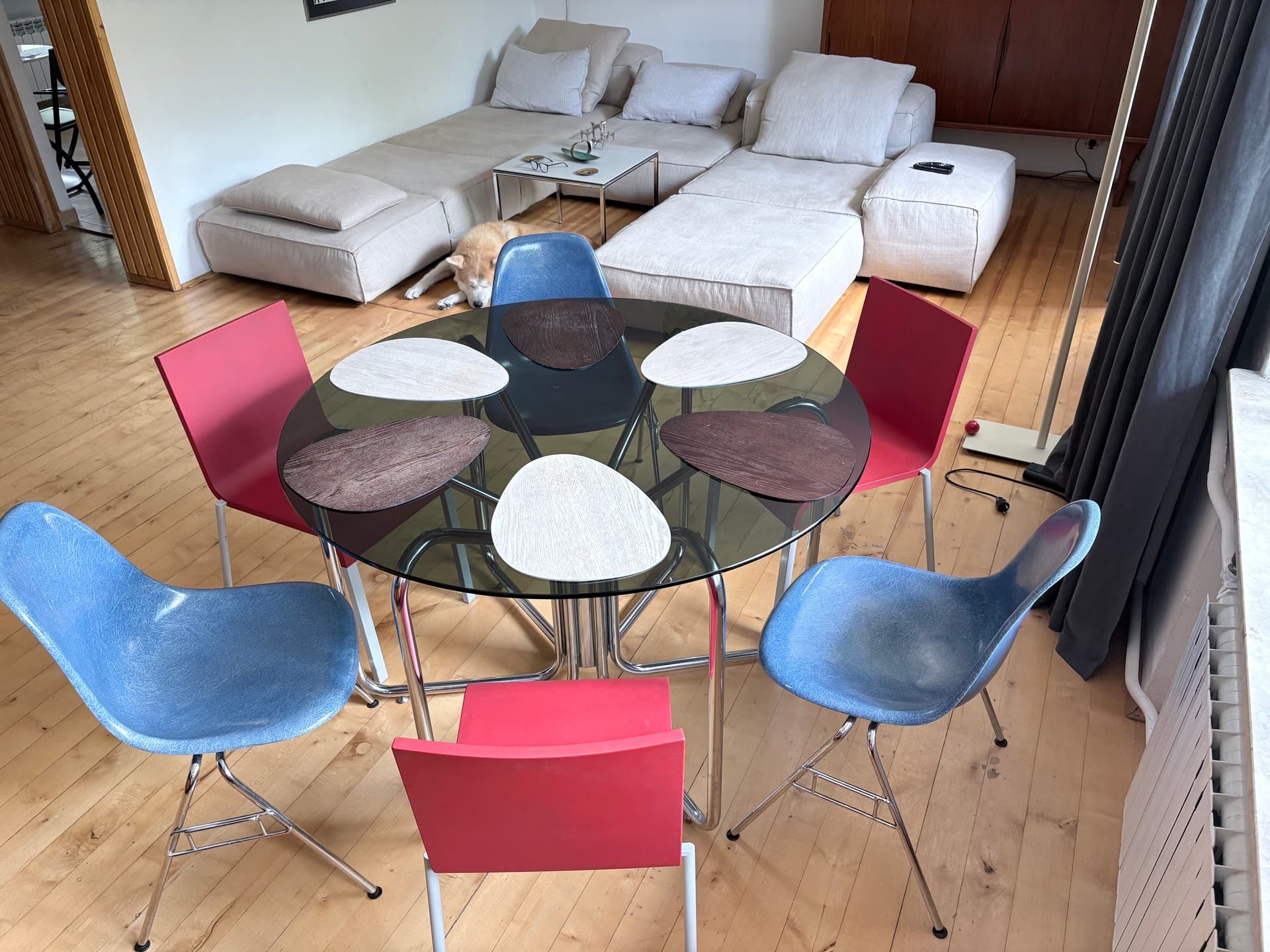 Set of four DSS chairs, blue fiberglass, silver chrome, by C. & R. Eames, Herman Miller, USA, 1970s. - 347907