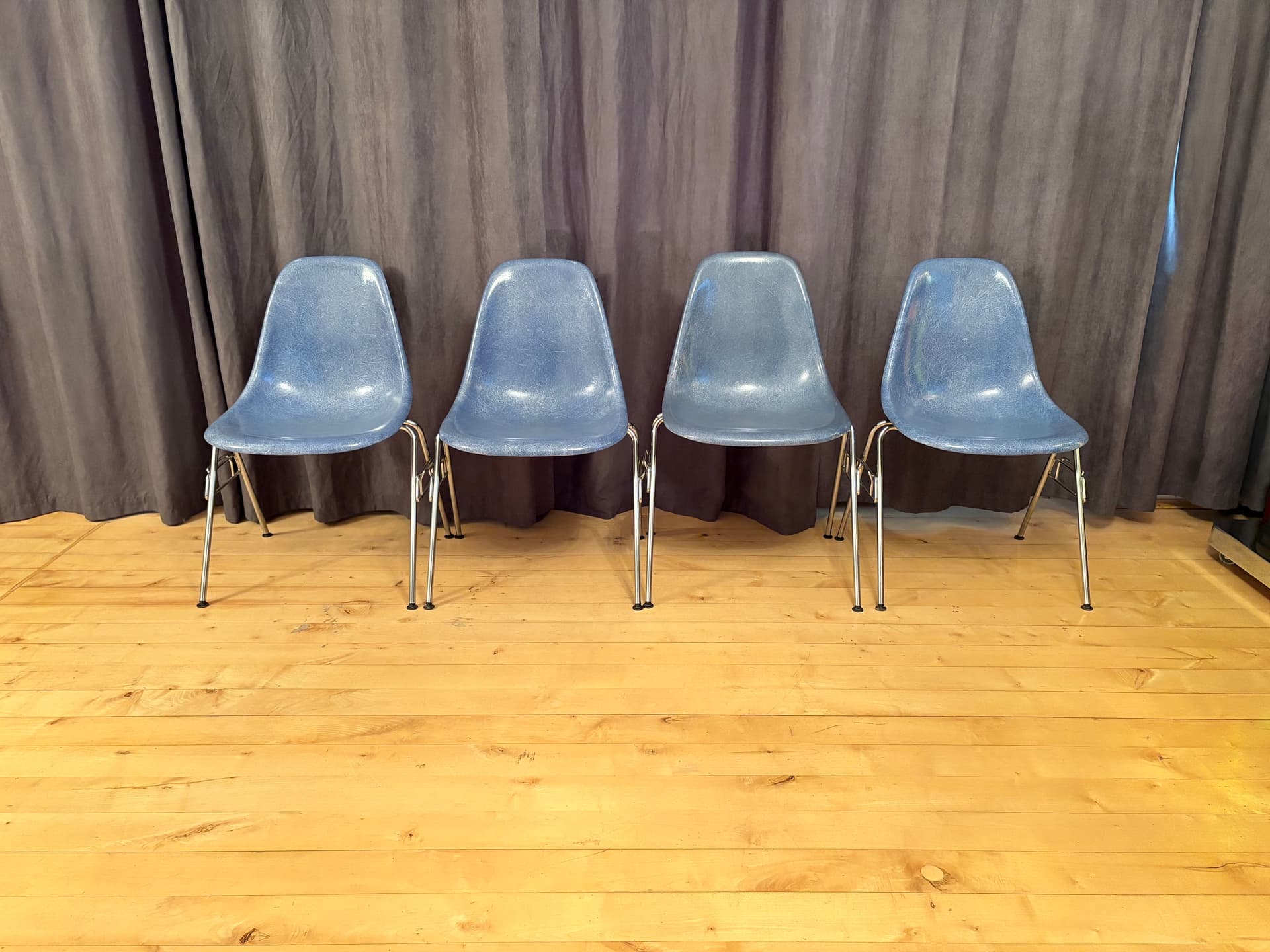 Set of four DSS chairs, blue fiberglass, silver chrome, by C. & R. Eames, Herman Miller, USA, 1970s. - 347895