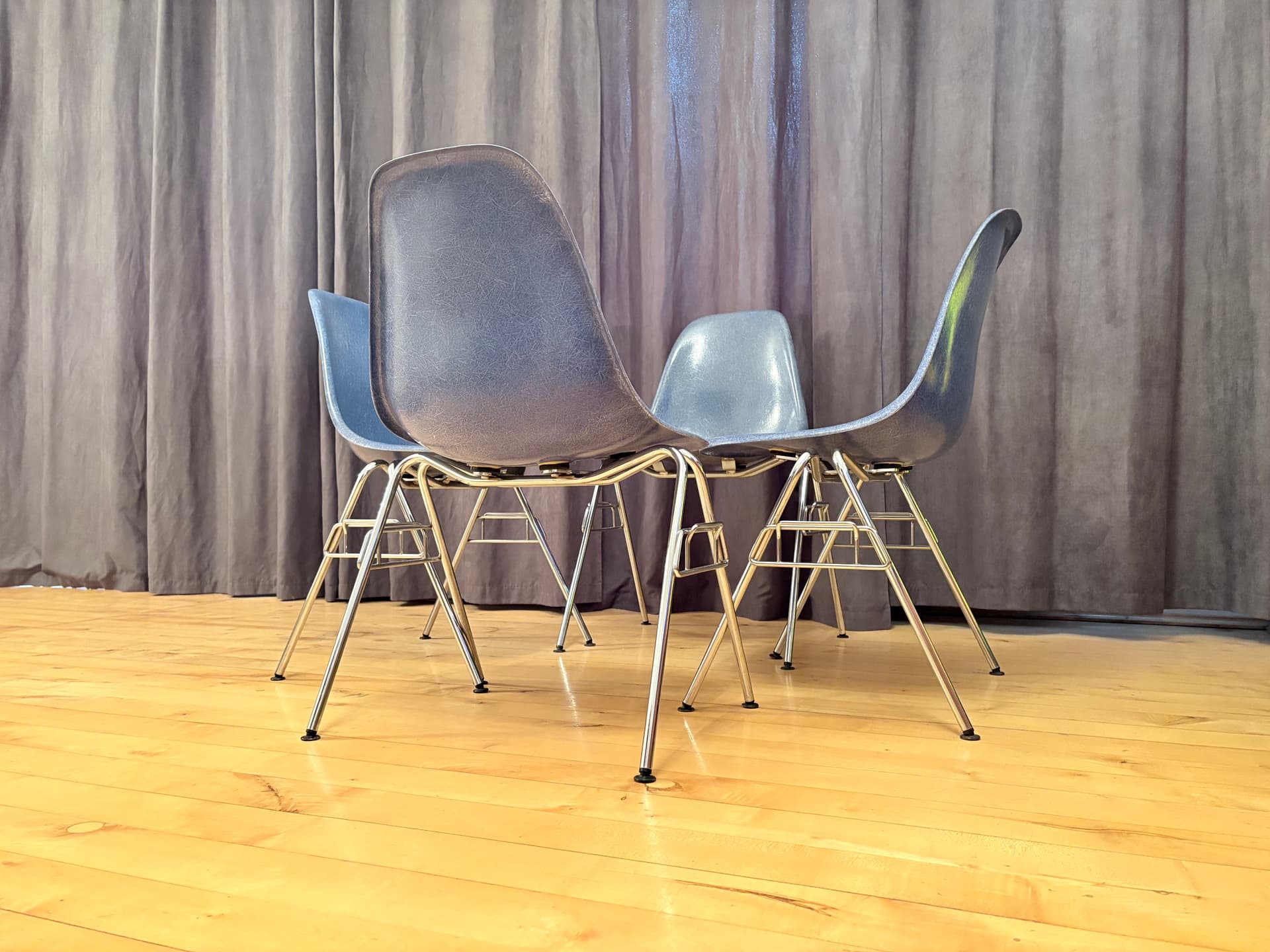 Set of four DSS chairs, blue fiberglass, silver chrome, by C. & R. Eames, Herman Miller, USA, 1970s. - 347902