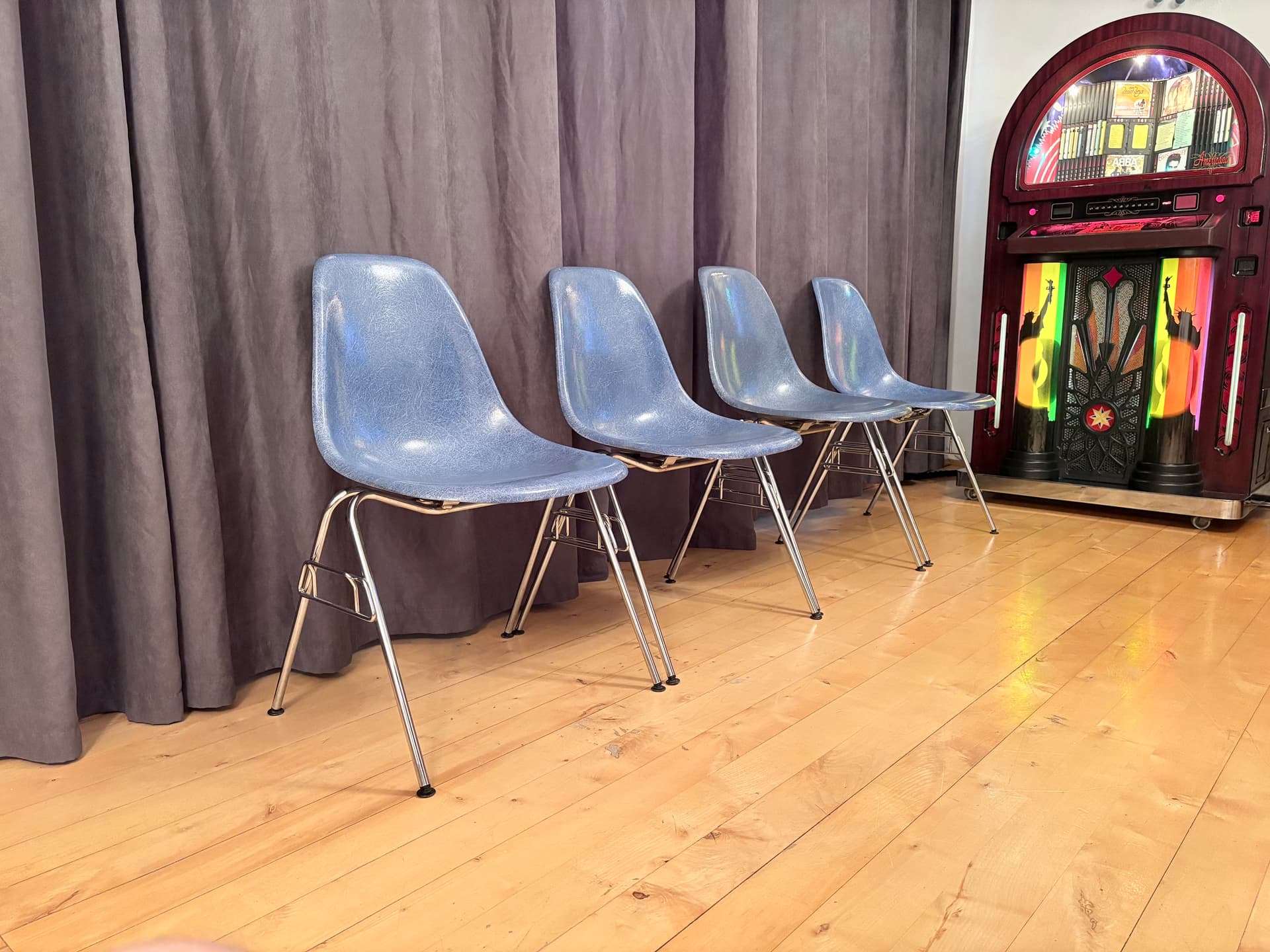 Set of four DSS chairs, blue fiberglass, silver chrome, by C. & R. Eames, Herman Miller, USA, 1970s. - 347896