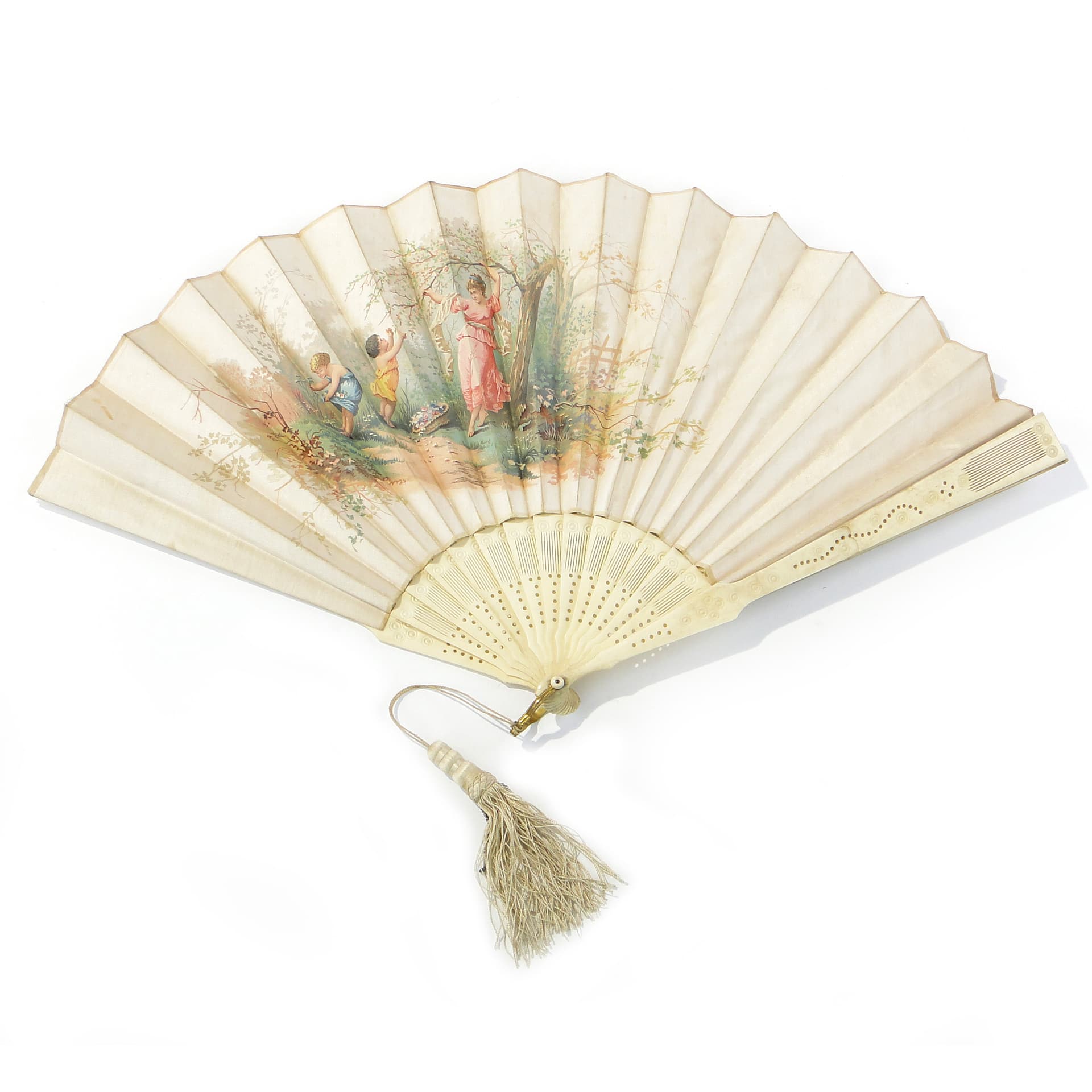 Artistic fan, openwork cream bone, cream silk, 19th century - 347916