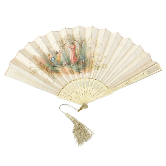 Artistic fan, openwork cream bone, cream silk, 19th century - DIMENSION