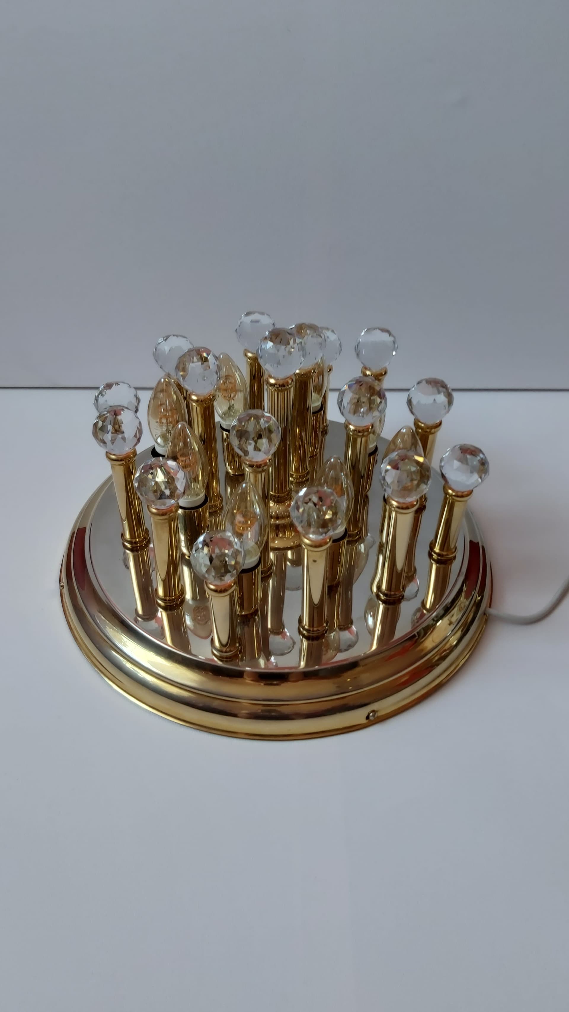 Flush Mount Hollywood Regency, gold, brass, crystal, 1970s - 347969