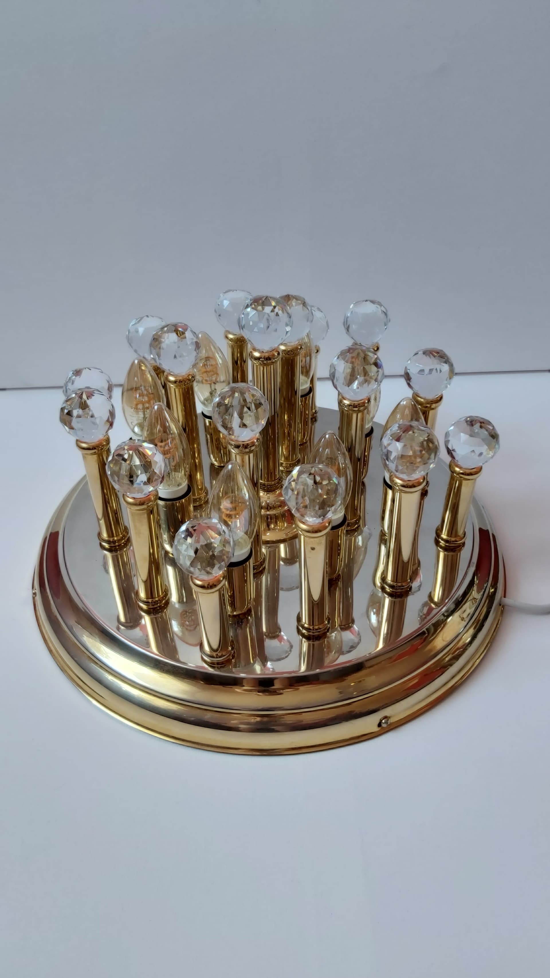 Flush Mount Hollywood Regency, gold, brass, crystal, 1970s - 347968