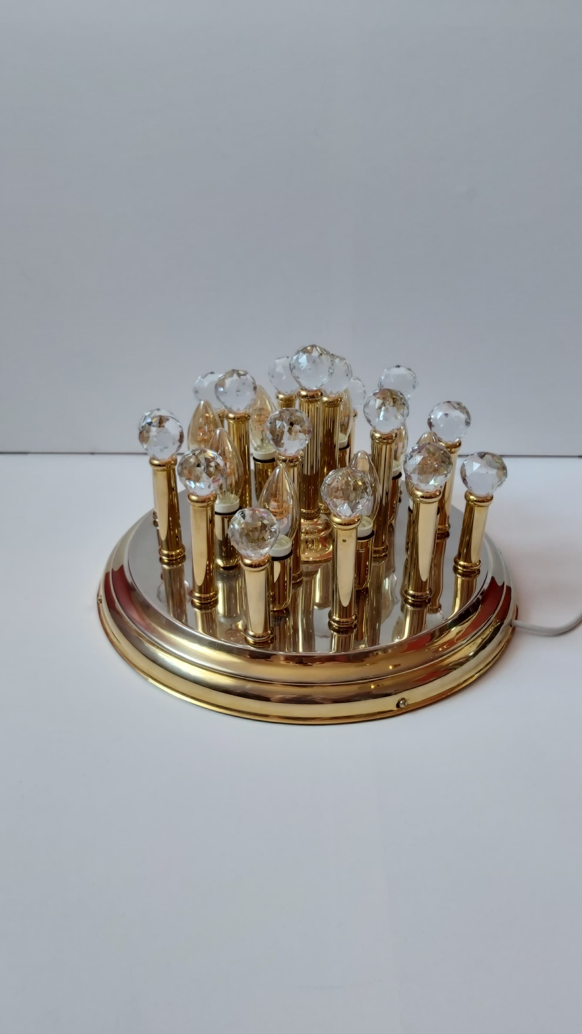 Flush Mount Hollywood Regency, gold, brass, crystal, 1970s - 347965
