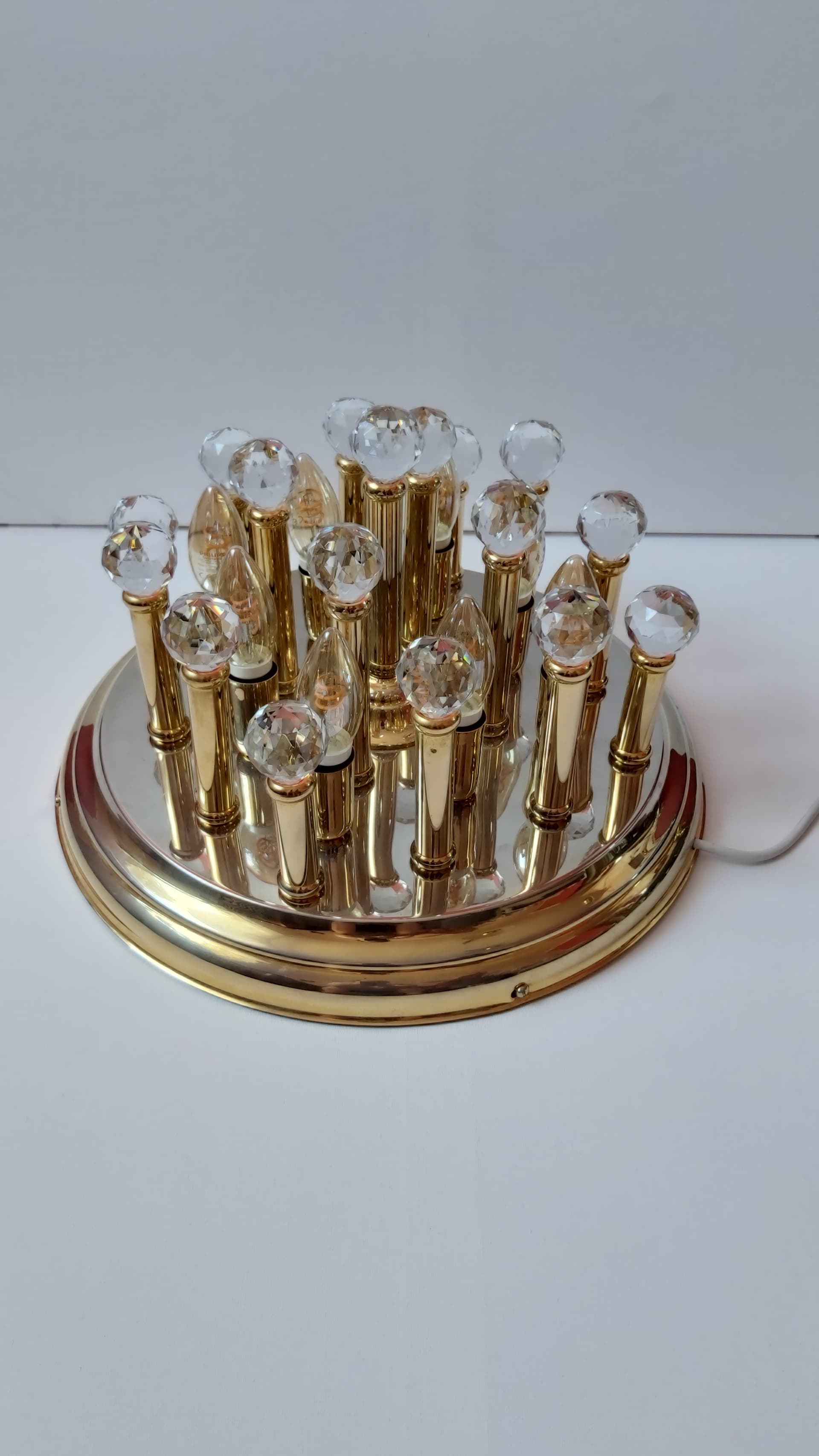 Flush Mount Hollywood Regency, gold, brass, crystal, 1970s - 347967