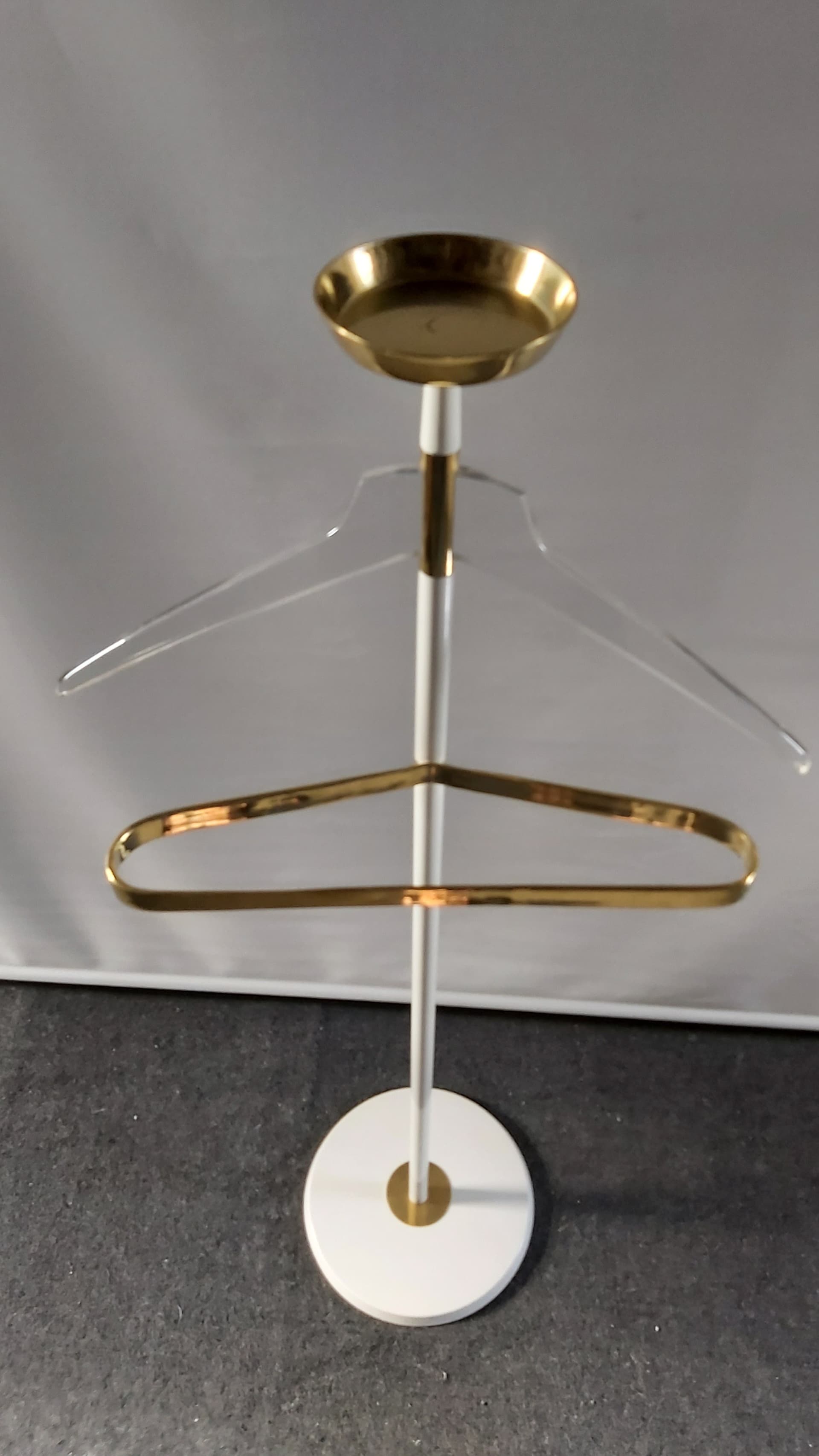 Standing coat rack, white metal, brass, Vereinigte Werkstätten München, Germany, 1950s. - 348030
