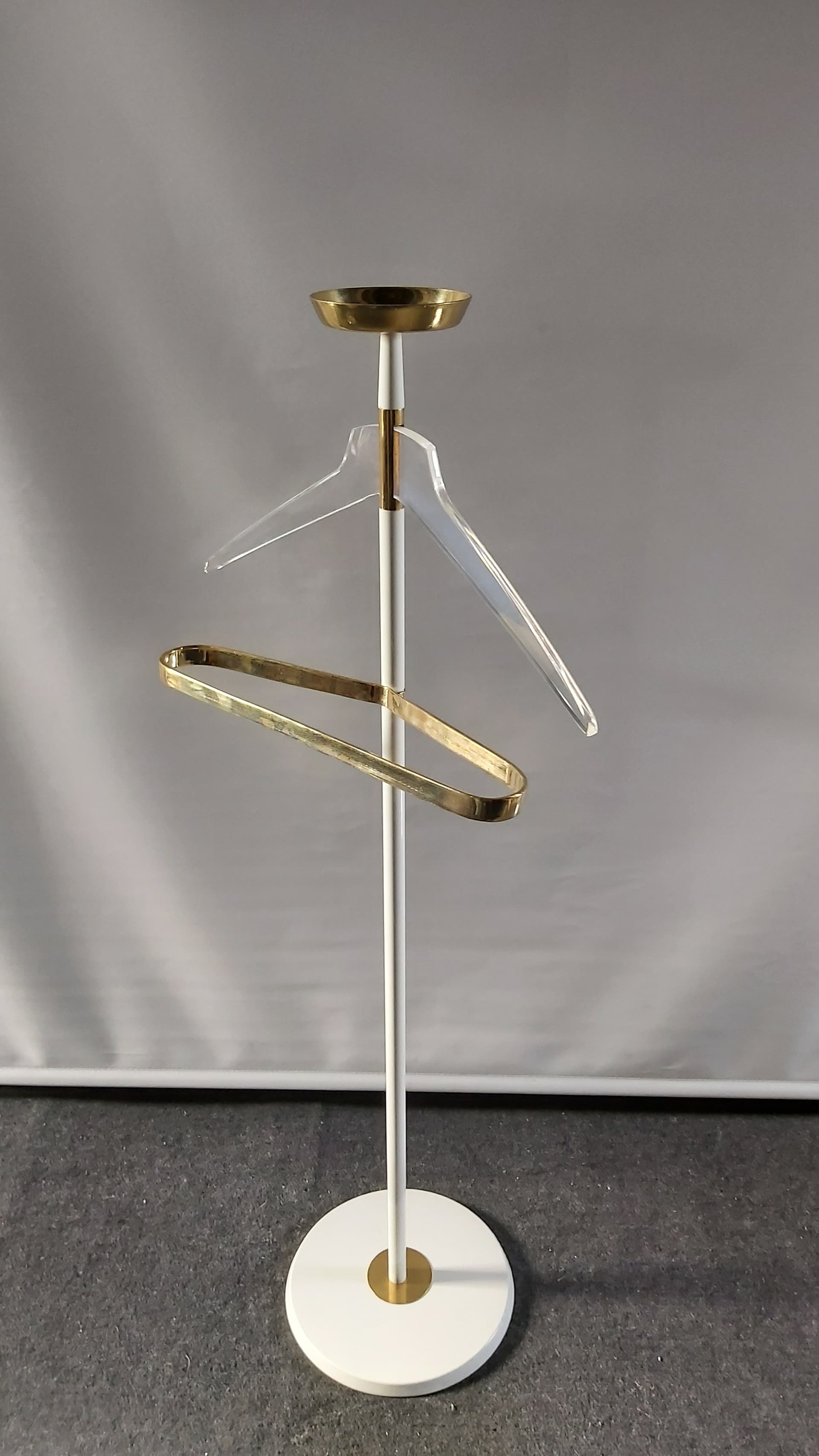 Standing coat rack, white metal, brass, Vereinigte Werkstätten München, Germany, 1950s. - 348033