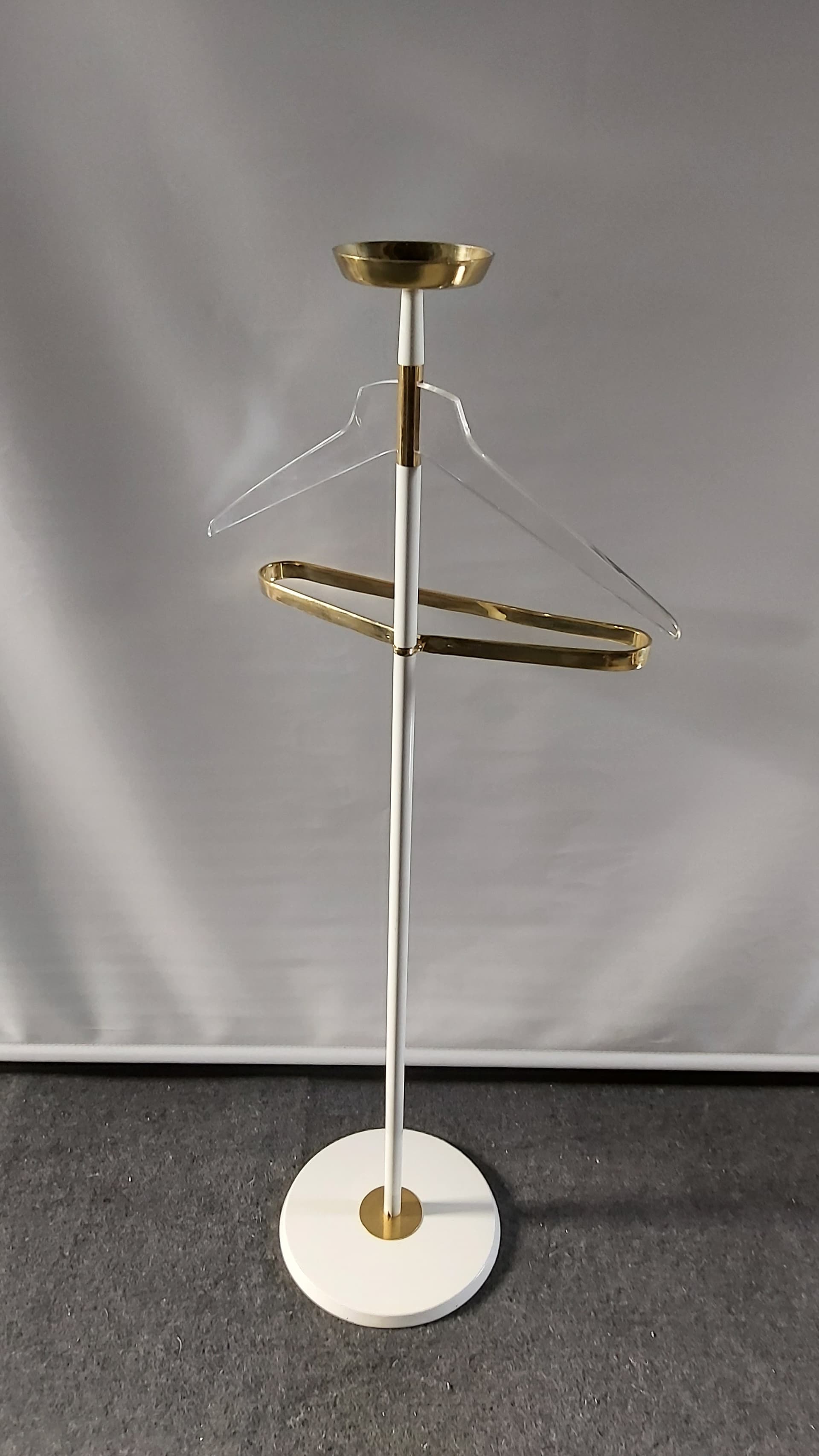 Standing coat rack, white metal, brass, Vereinigte Werkstätten München, Germany, 1950s. - 348032