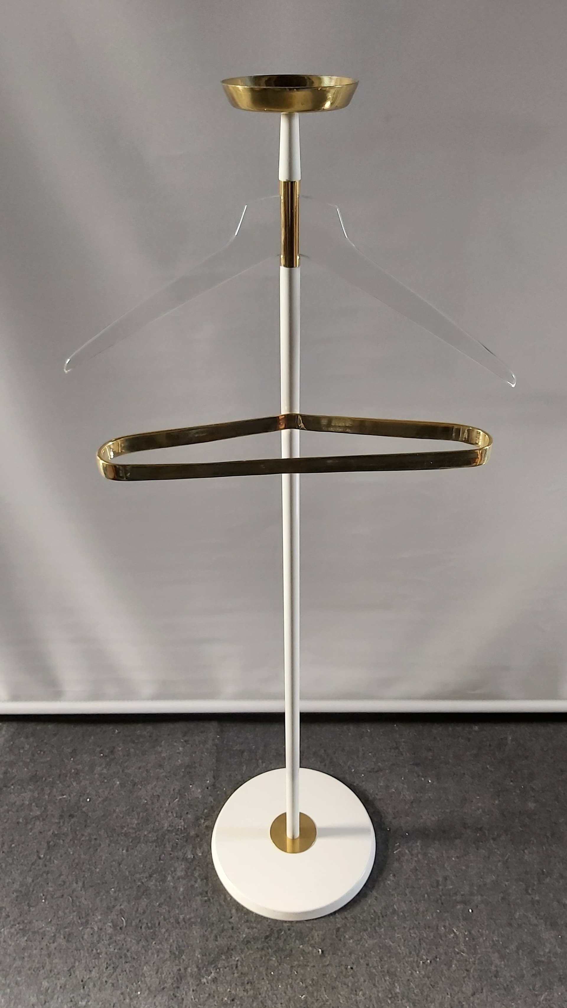Standing coat rack, white metal, brass, Vereinigte Werkstätten München, Germany, 1950s. - 348031