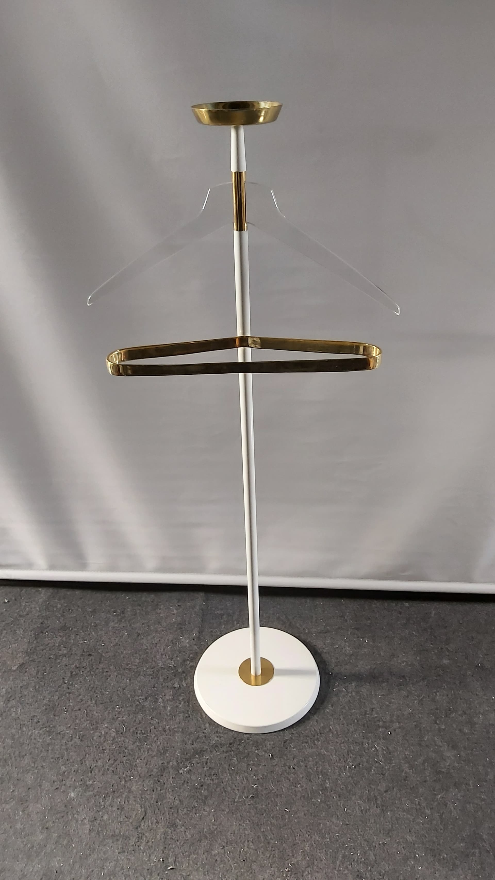 Standing coat rack, white metal, brass, Vereinigte Werkstätten München, Germany, 1950s. - 348027