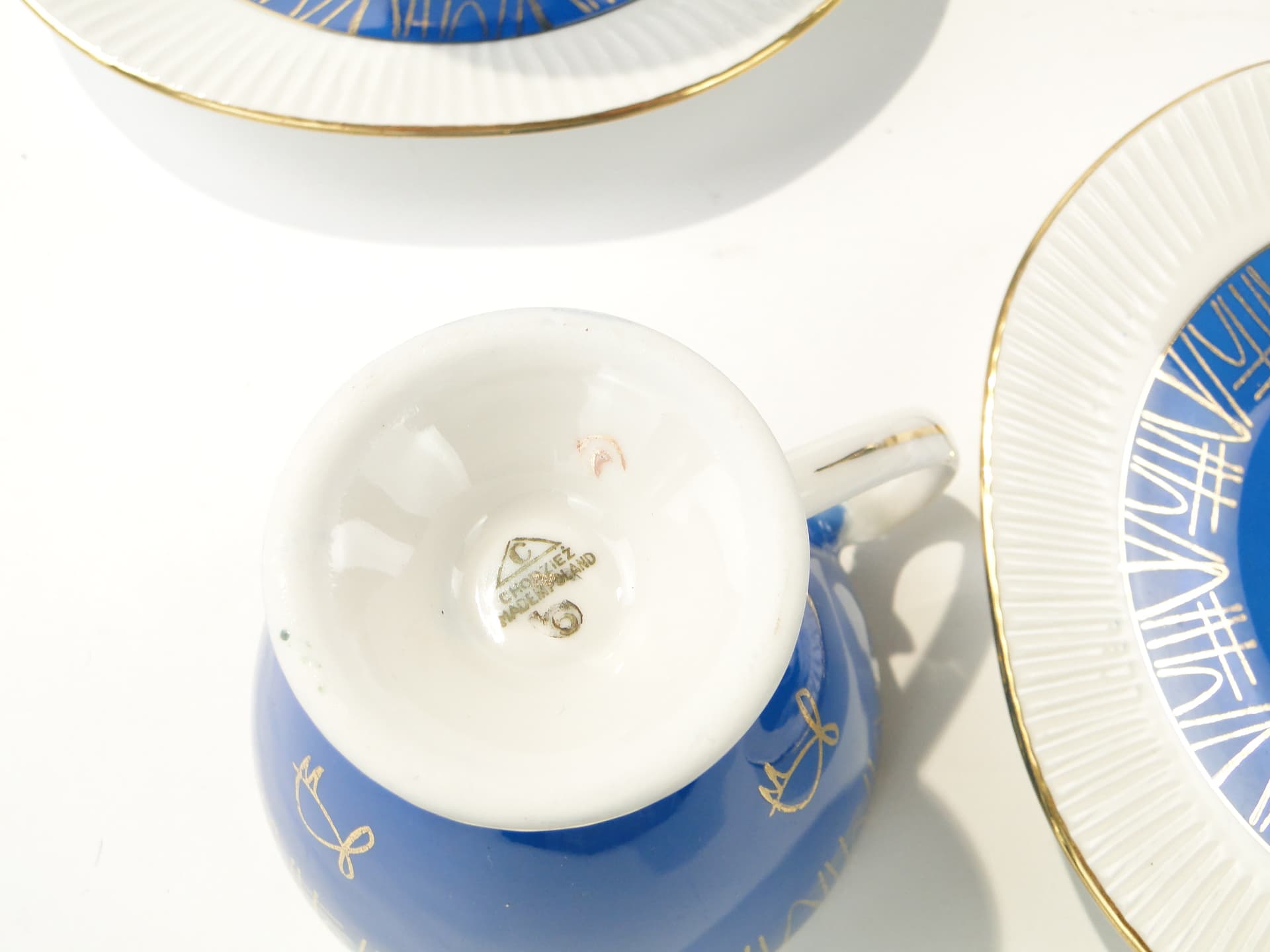 Coffee set Regina, blue white gold, porcelain, Ćmielów, Poland, 1960s. - 348042