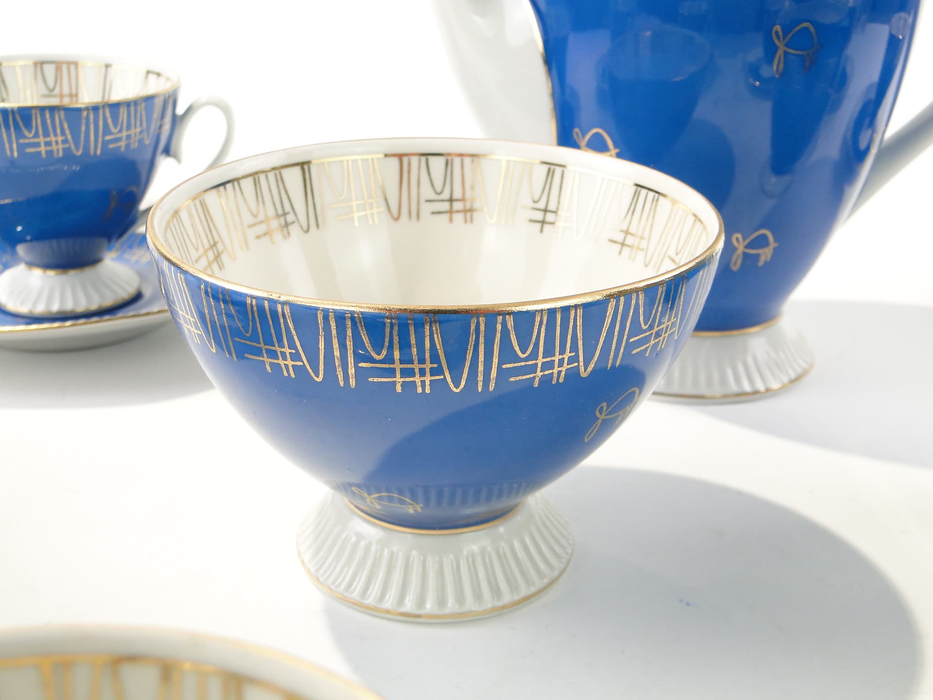 Coffee set Regina, blue white gold, porcelain, Ćmielów, Poland, 1960s. - 348038