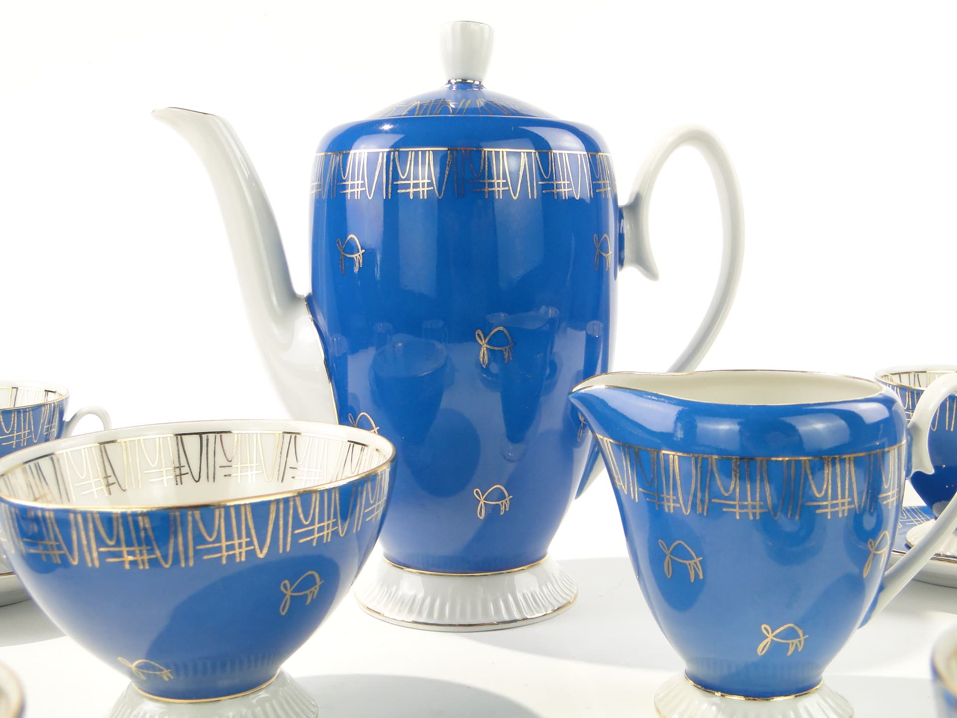Coffee set Regina, blue white gold, porcelain, Ćmielów, Poland, 1960s. - 348039