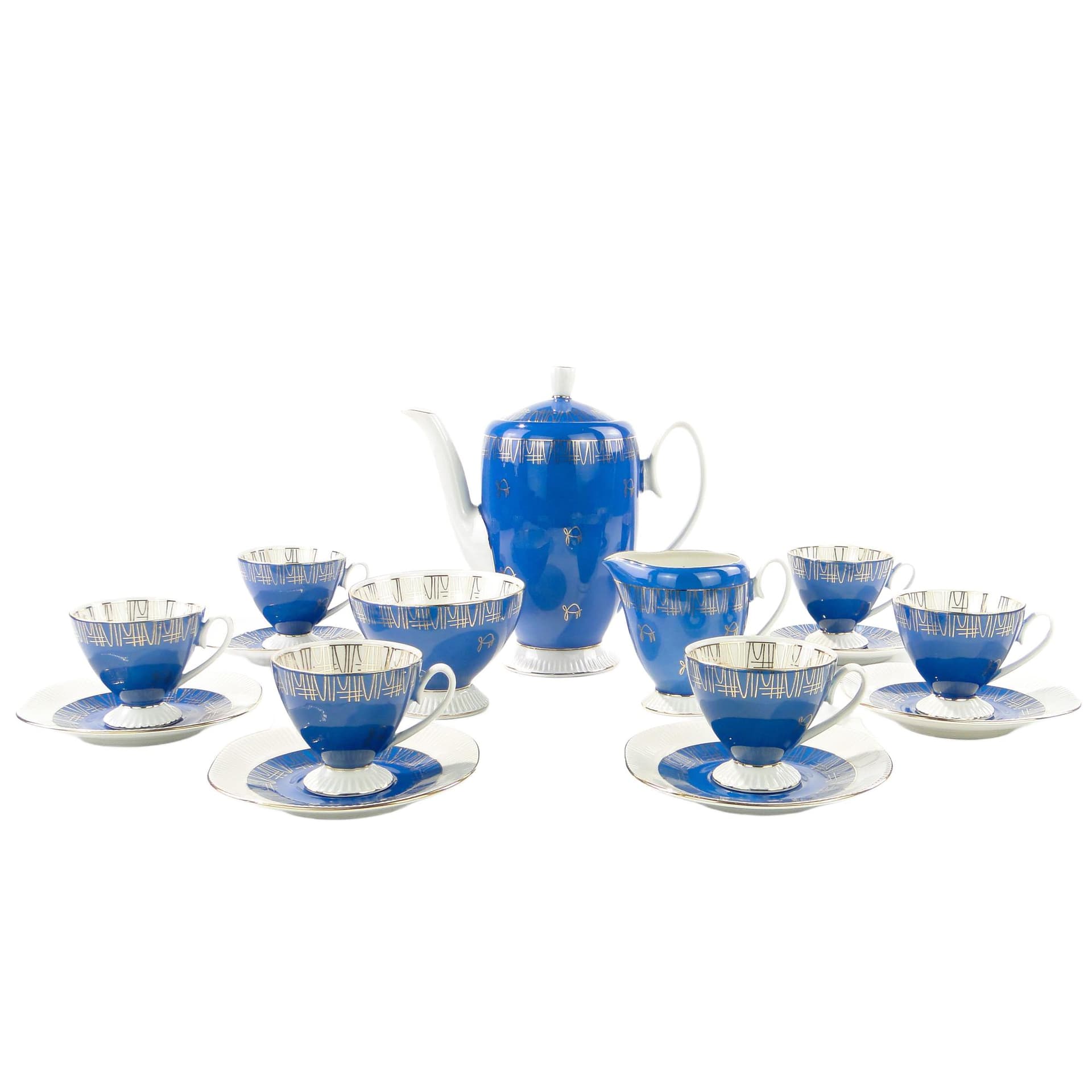Coffee set Regina, blue white gold, porcelain, Ćmielów, Poland, 1960s.