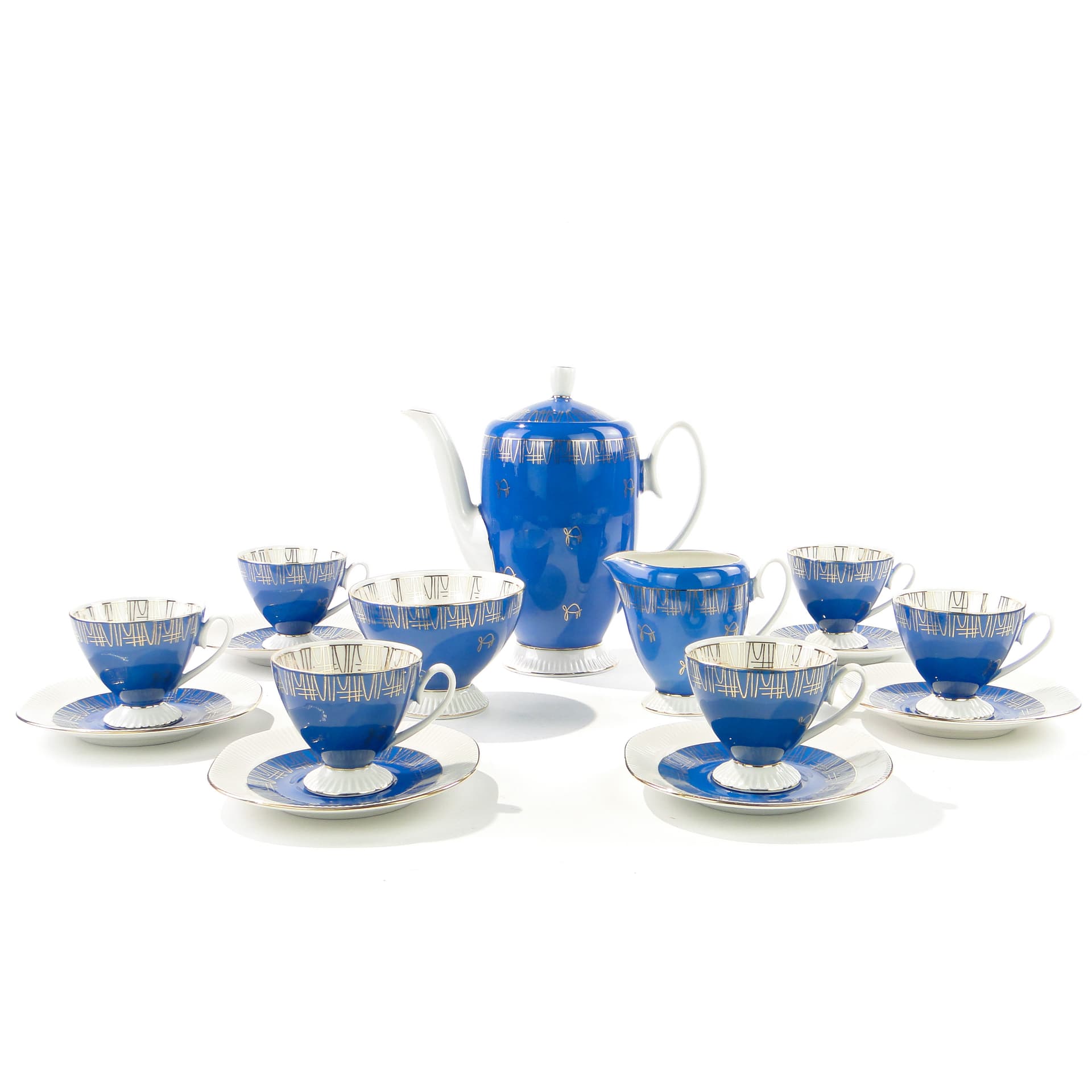 Coffee set Regina, blue white gold, porcelain, Ćmielów, Poland, 1960s. - 348044