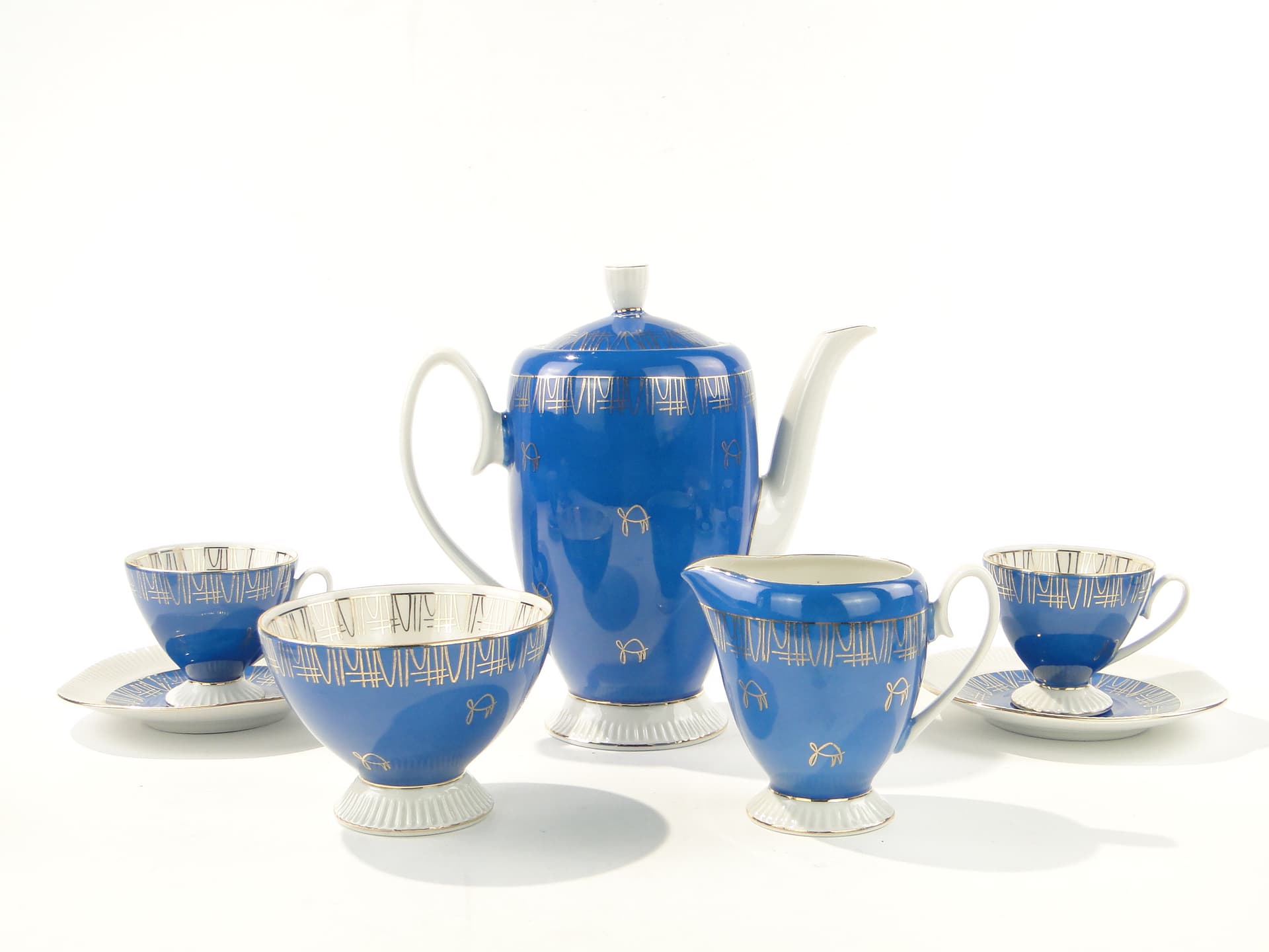 Coffee set Regina, blue white gold, porcelain, Ćmielów, Poland, 1960s. - 348036